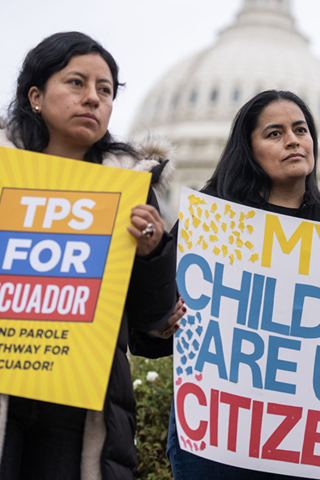 <p>Activists listen to Rep. Alexandria Ocasio-Cortez speak about TPS outside the Capitol.</p>
