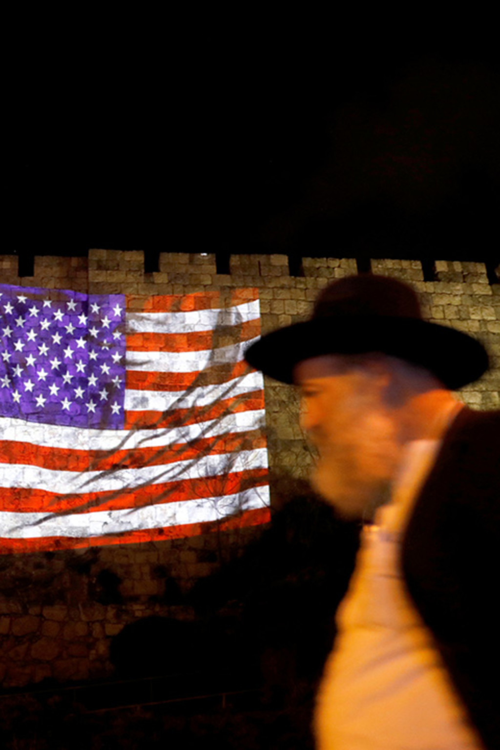 <p>The Israeli and American flags are projected on the walls surrounding Jerusalem’s Old City.</p>
