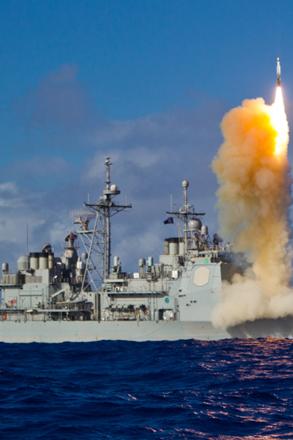 <p>An SM-3 interceptor is launched from a guided-missile cruiser during a Missile Defense Agency and U.S. Navy test in the mid-Pacific.</p>
