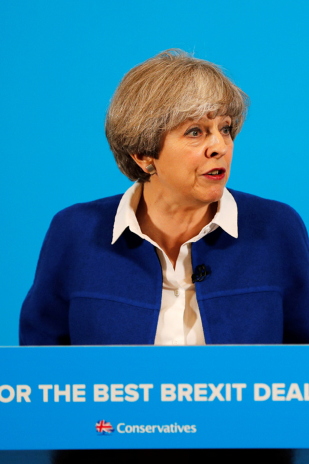 <p>British Prime Minister Theresa May addresses a campaign rally on May 30, 2017.</p>
