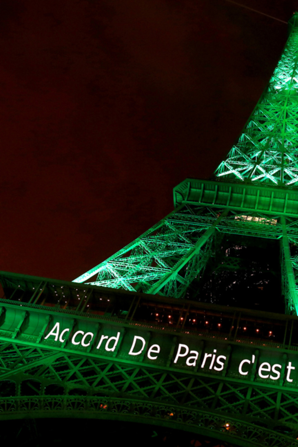 <p>The Eiffel tower is illuminated in celebration of the Paris Agreement’s entry into force in November 2016.</p>
