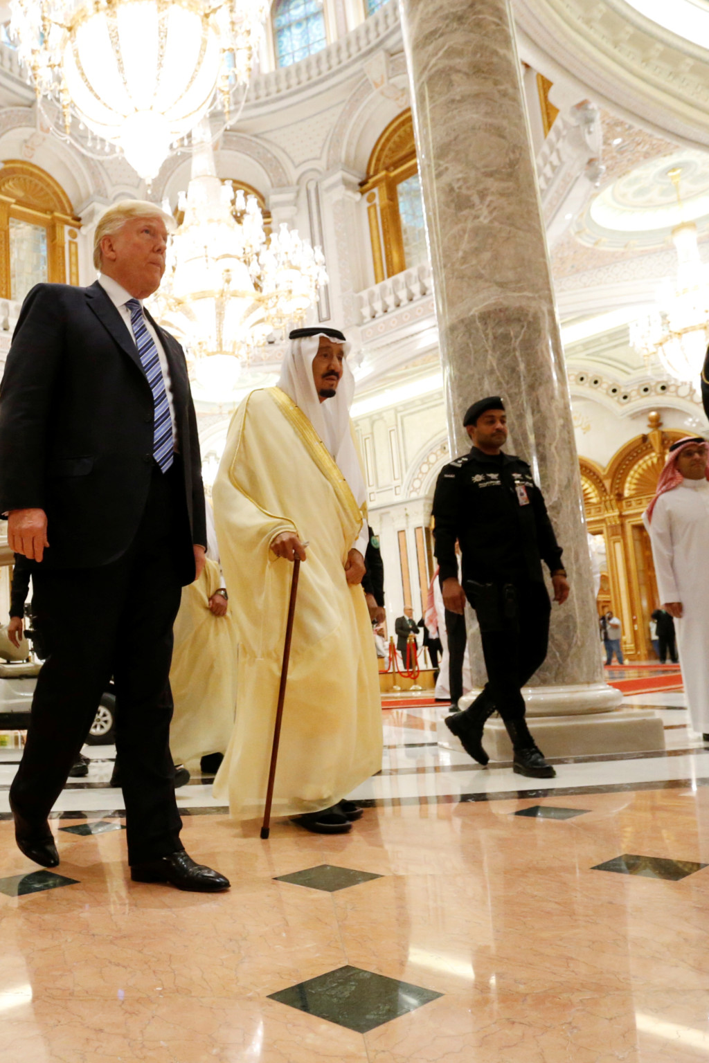<p>U.S. President Donald J. Trump walks with Saudi King Salman at a summit in Riyadh.</p>
