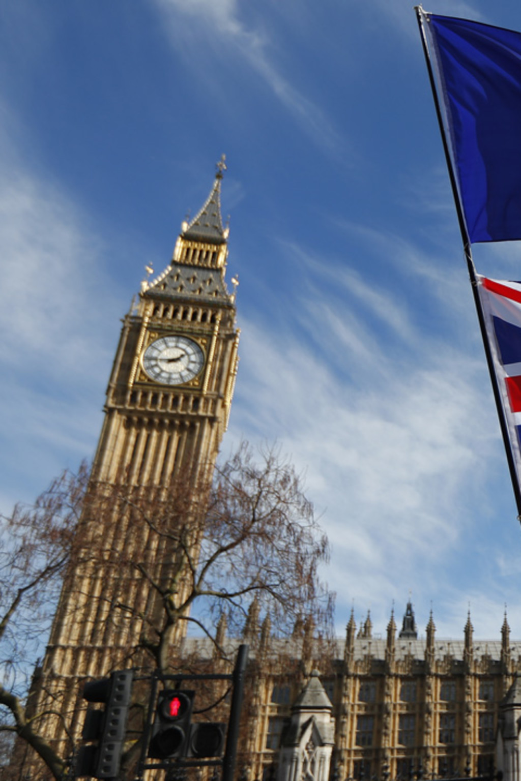 <p>EU and UK flags fly during a pro-EU march in front of the British Parliament in London.</p>
