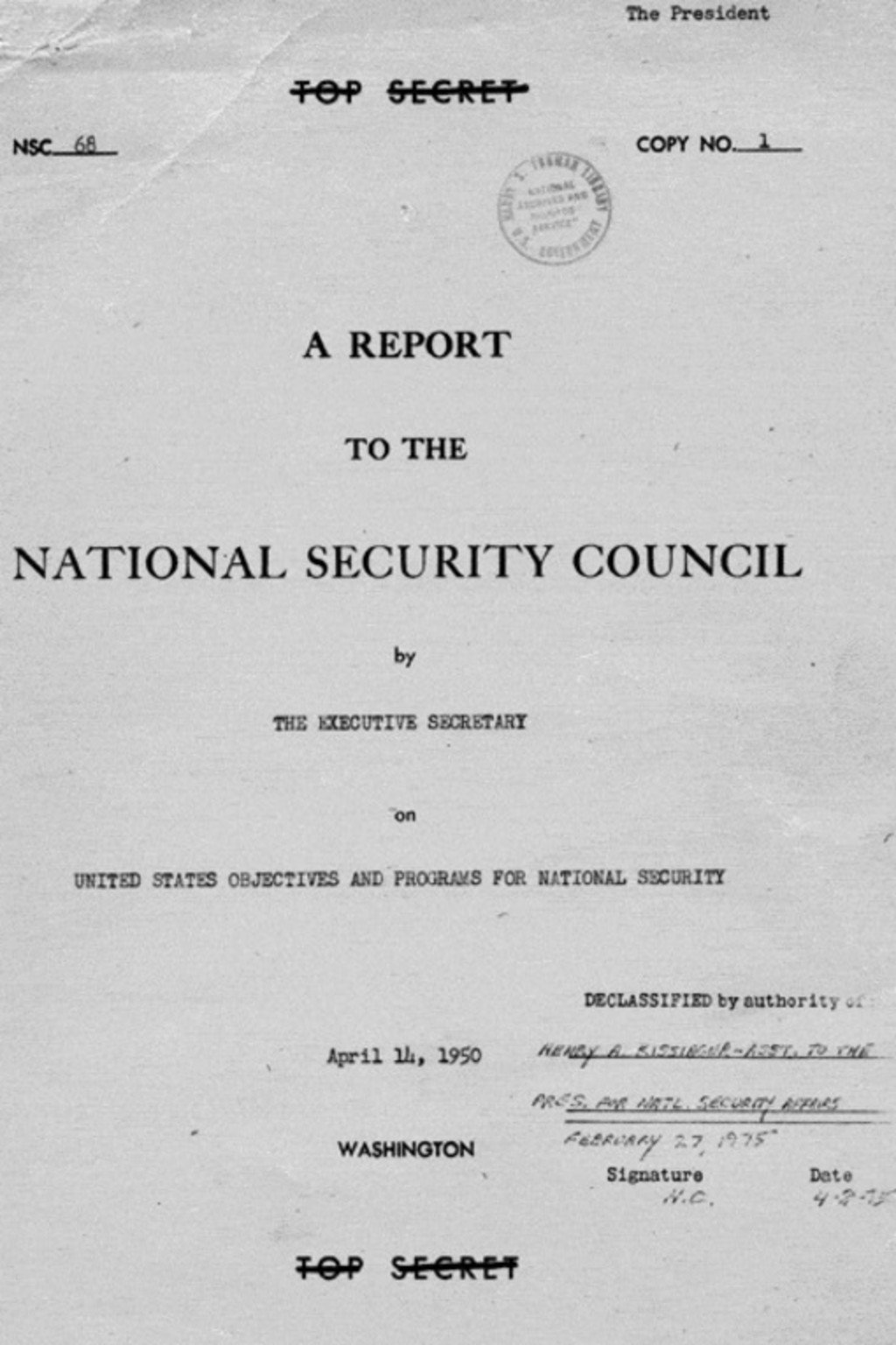 <p>The front cover of the NSC-68 Report.</p>
