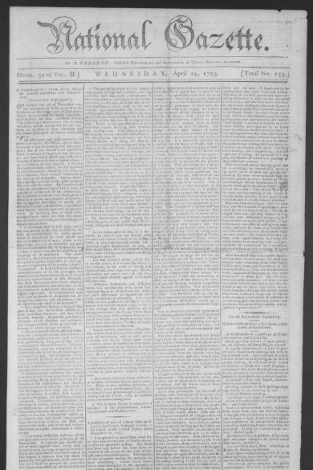 <p>The front page of the <i>Philadelphia Gazette </i>on April 24, 1793, displaying the text of President George Washington’s Proclamation of Neutrality.</p>
