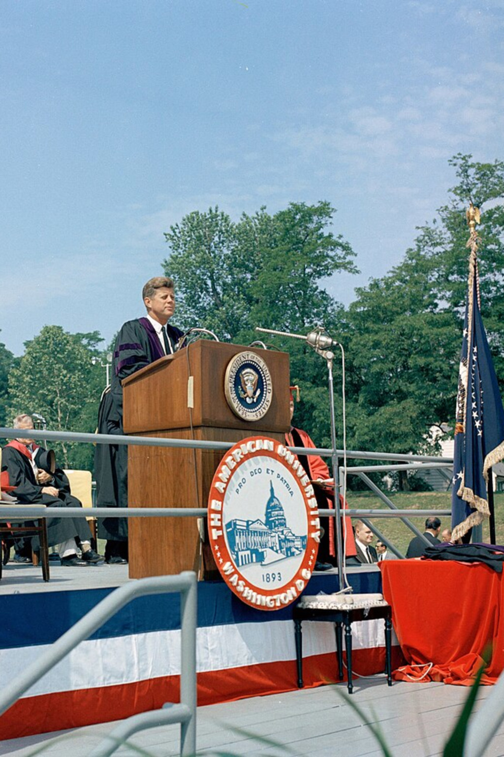 <p>President John F. Kennedy delivers the commencement address at American University, June 10, 1963.</p>
