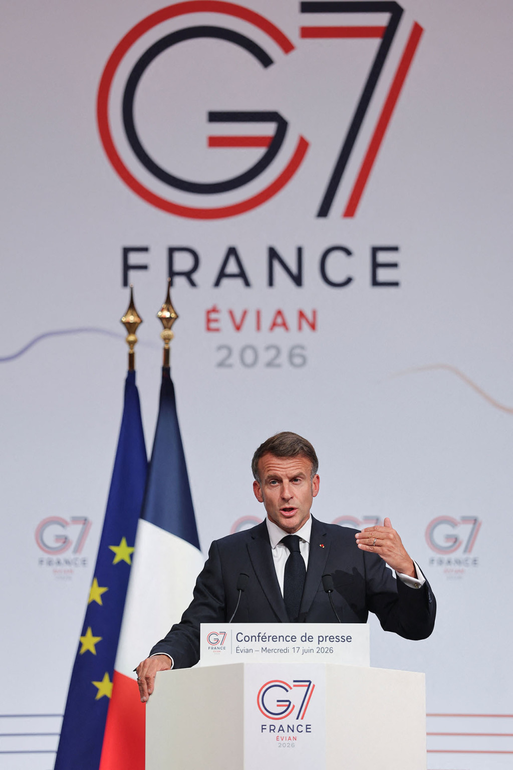 <p>French President Emmanuel Macron holds a press conference during the G7 Summit in Évian-les-Bains, France, on June 17, 2026.</p>