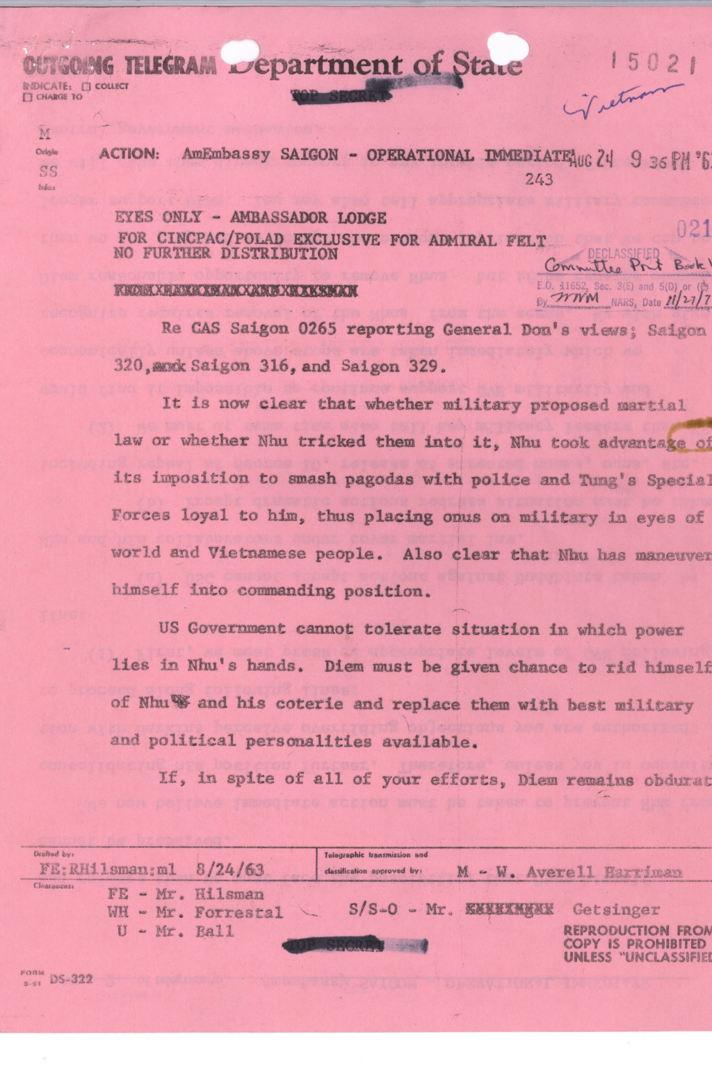 <p>The front page of Cable 243 to U.S. Ambassador Henry Cabot Lodge, as drafted by Roger Hilsman, August 24, 1963.</p>
