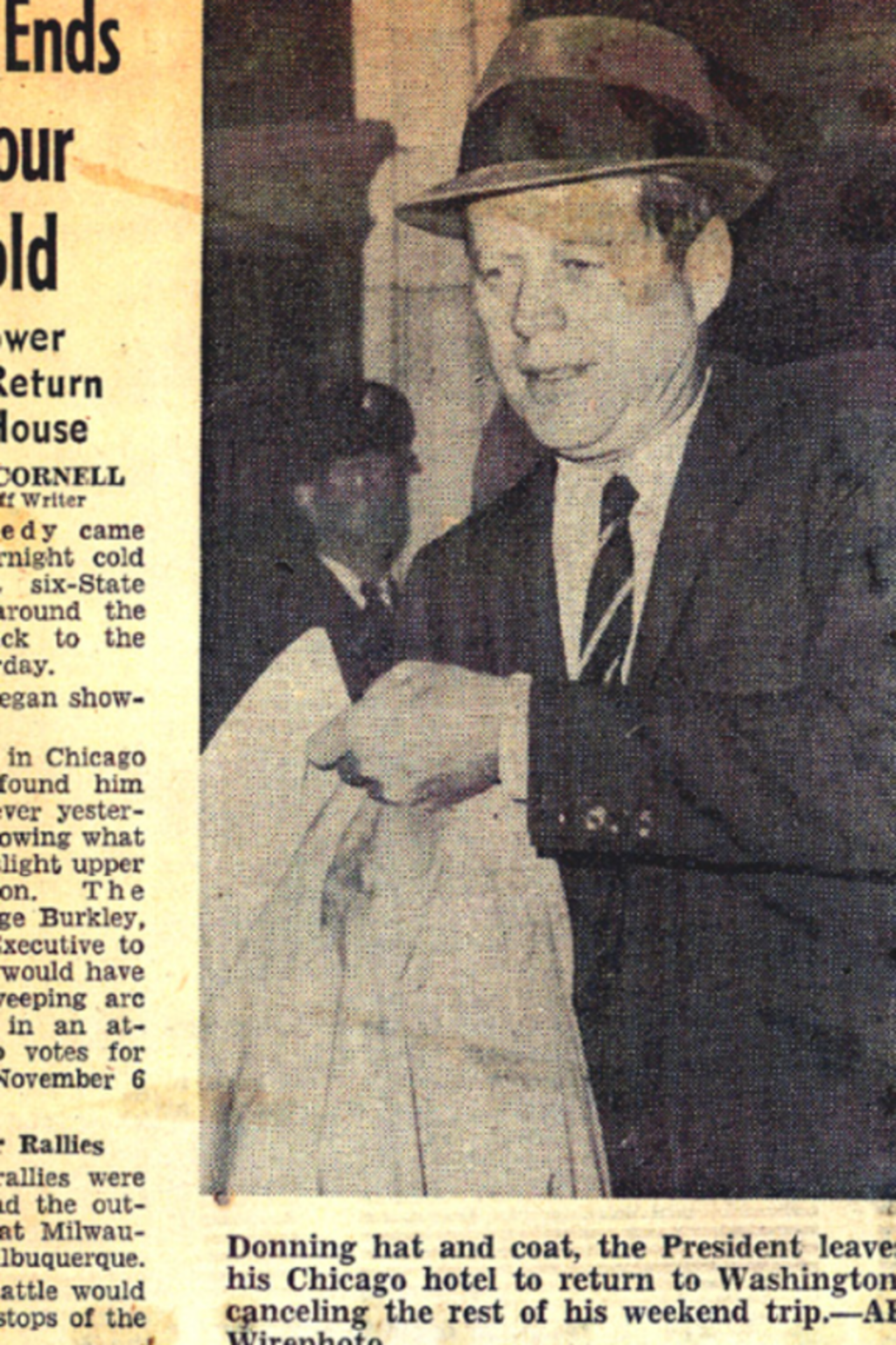 <p>An article in the <i>Chicago Daily Tribune</i> announcing that President John F. Kennedy was canceling his campaign tour to return to Washington, DC, October 20, 1962.</p>
