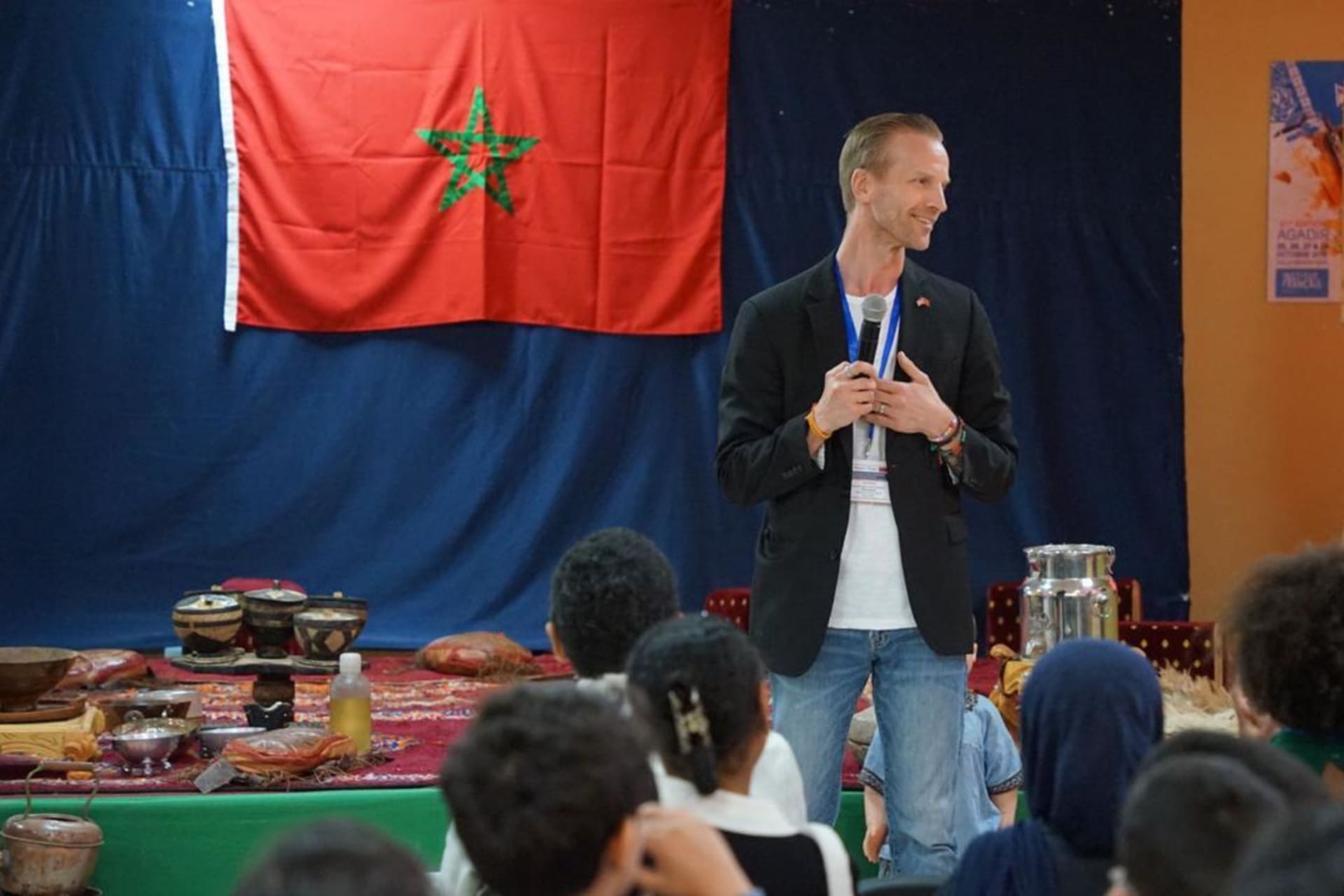 <p>Zachary Ritland (Braintree High School, MA) speaks to  Moroccan classroom during his Fulbright Teachers for Global Classrooms trip.</p>
