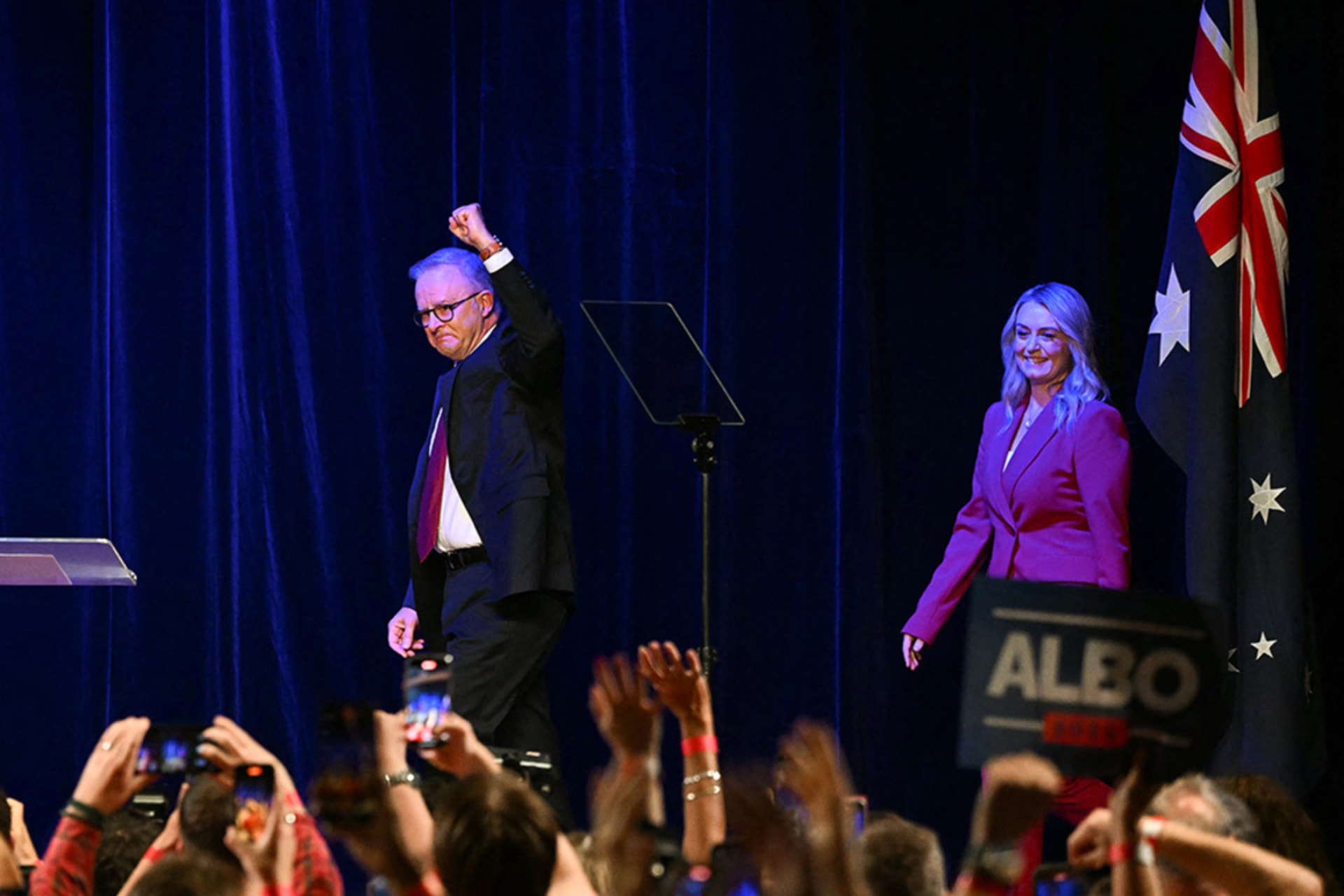 <p>Australia’s Prime Minister Anthony Albanese arrives onstage with his partner Jodie Haydon after winning the general election at the Labor Party election night event in Sydney on May 3.</p>
