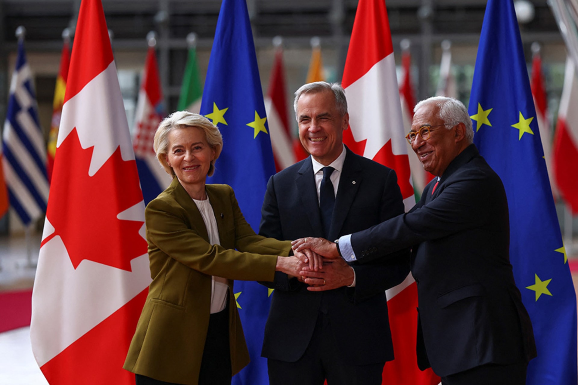<p>European Commission President Ursula von der Leyen and European Council President Antonio Costa welcome Canadian Prime Minister Mark Carney for an EU-Canada summit in Brussels, Belgium, on June 23.</p>
