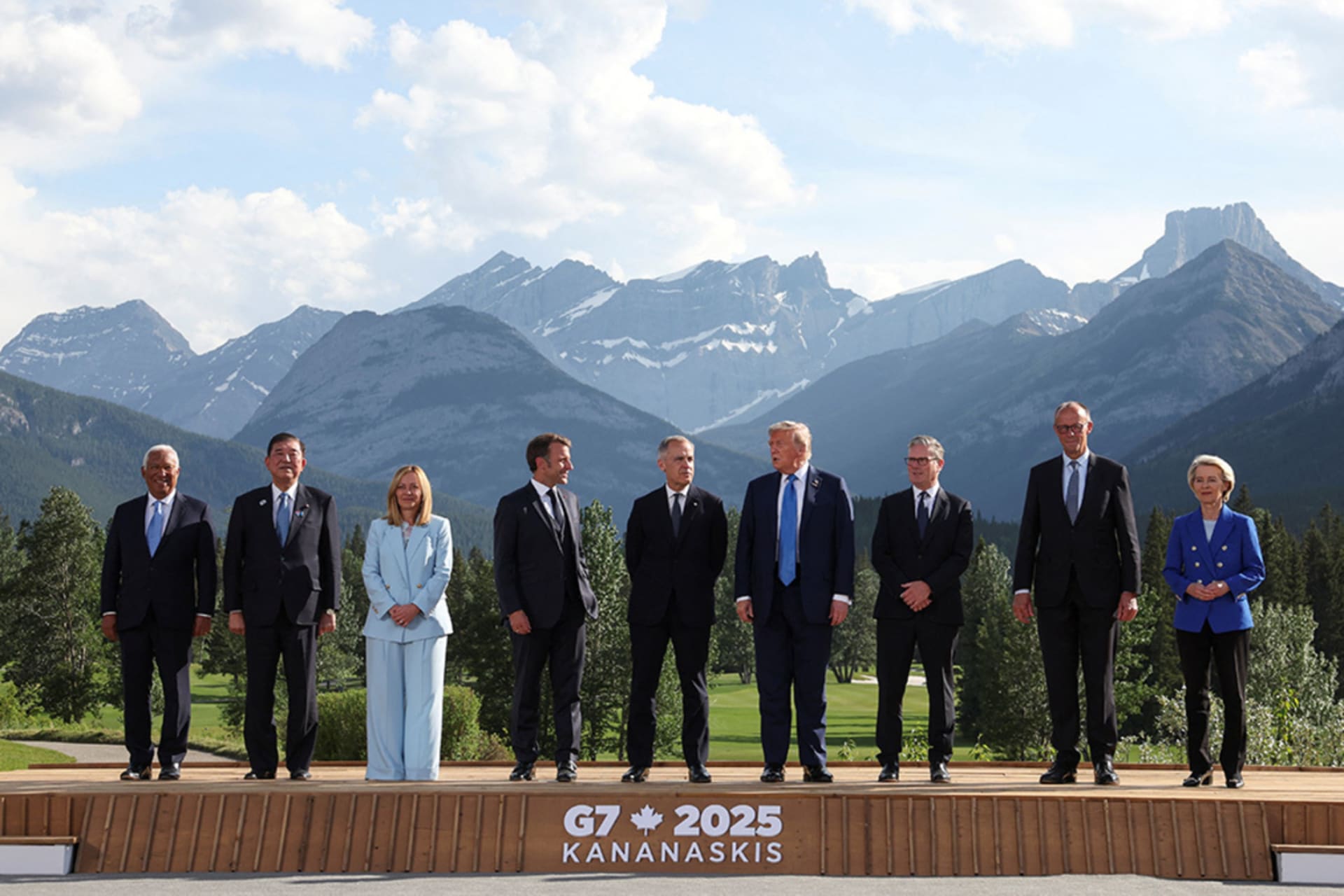 <p>Leaders from the EU, Japan, Italy, France, Canada, the United States, UK, and Germany pose for a family photo during the G7 Summit, in Kananaskis, Alberta, Canada, on June 16.</p>
