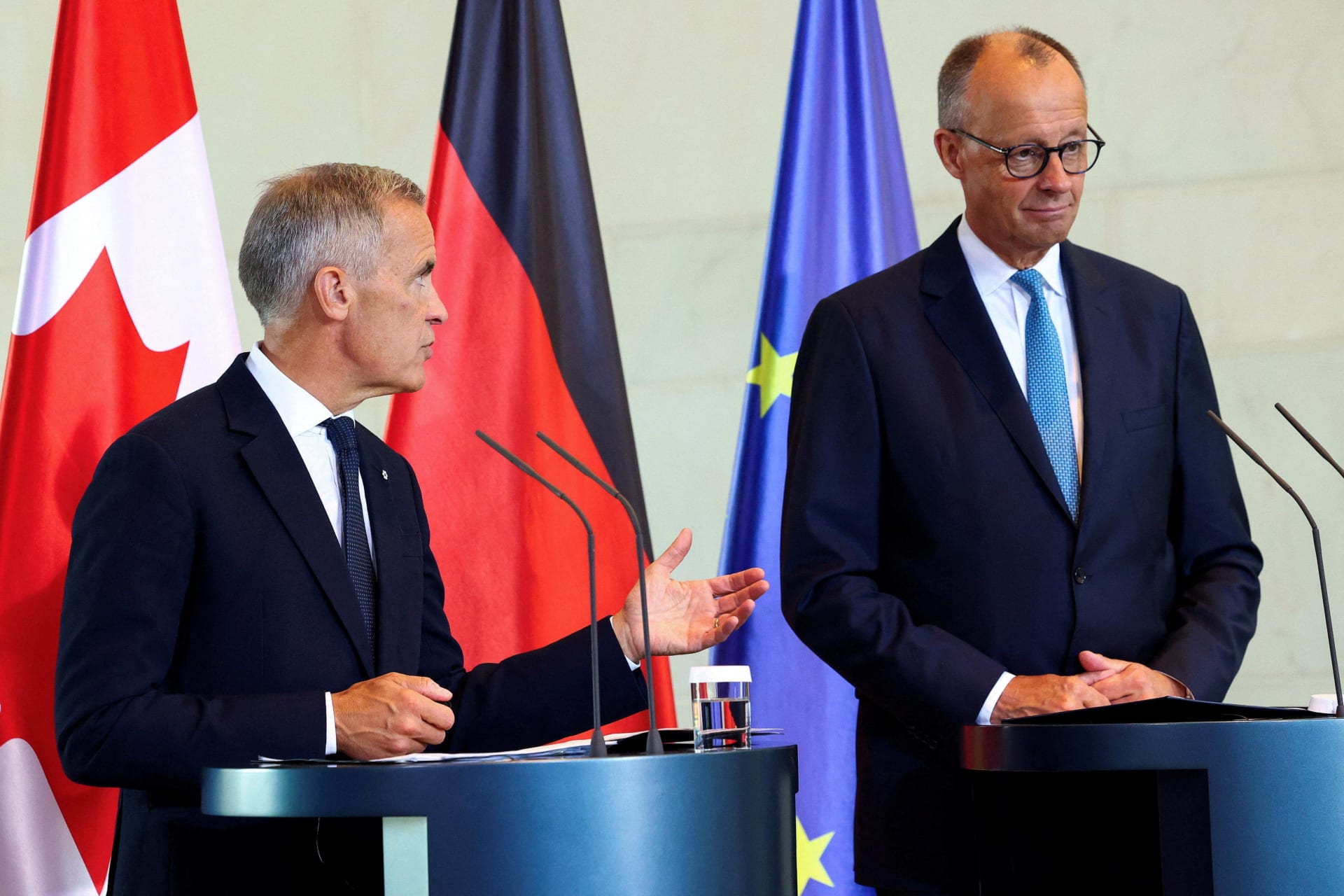 <p>German Chancellor Friedrich Merz and Canadian Prime Minister Mark Carney hold a press conference at the Chancellery in Berlin, Germany August 26, 2025.</p>
