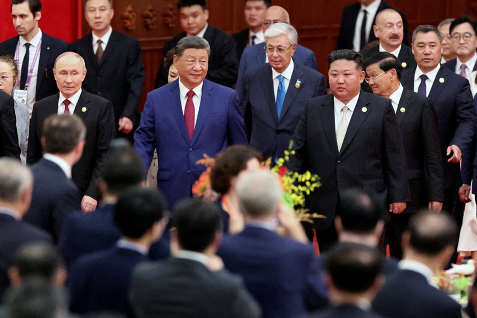 <p>Chinese President Xi Jinping, Russian President Vladimir Putin and North Korean leader Kim Jong Un arrive for a reception marking the 80th anniversary of the end of World War Two, at the Great Hall of the People in Beijing, China September 3, 2025.</p>