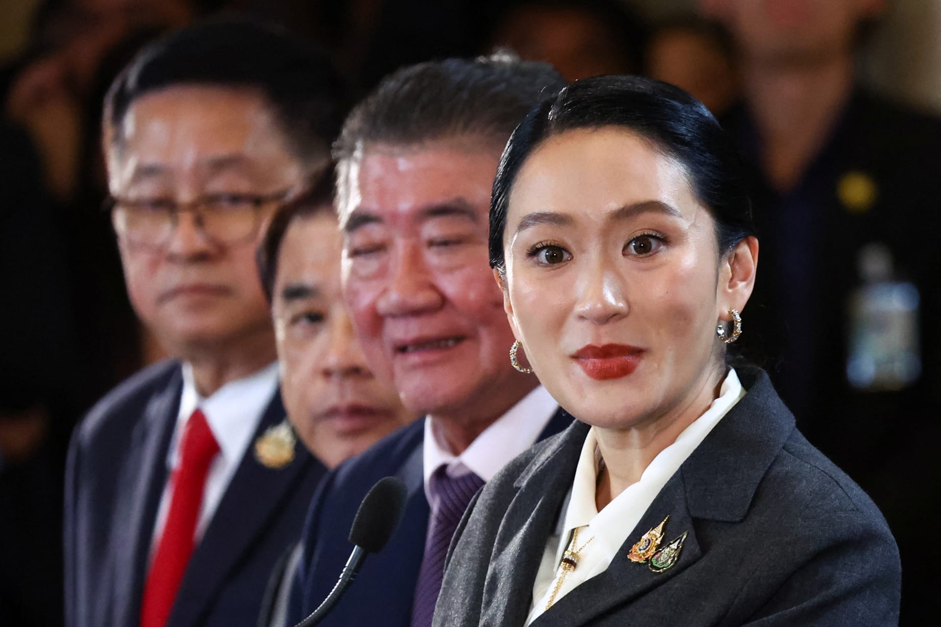 <p>Thailand’s Paetongtarn Shinawatra speaks during a press conference following her removal by the Constitutional Court.  </p>
