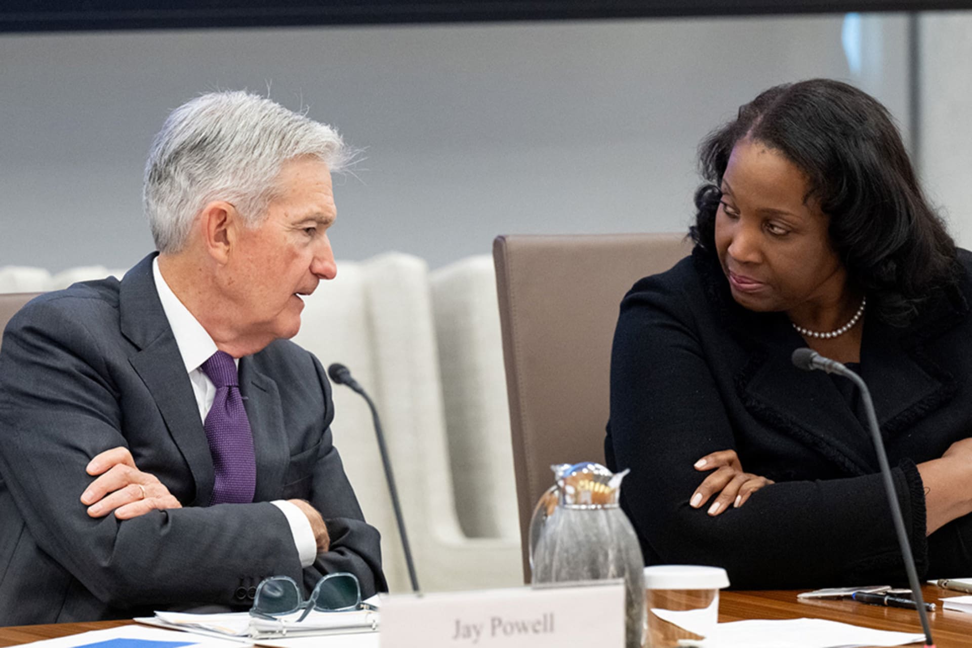 <p>Federal Reserve Chair Jerome Powell speaks with Fed Governor Lisa Cook during a board meeting, June 25, 2025.</p>

