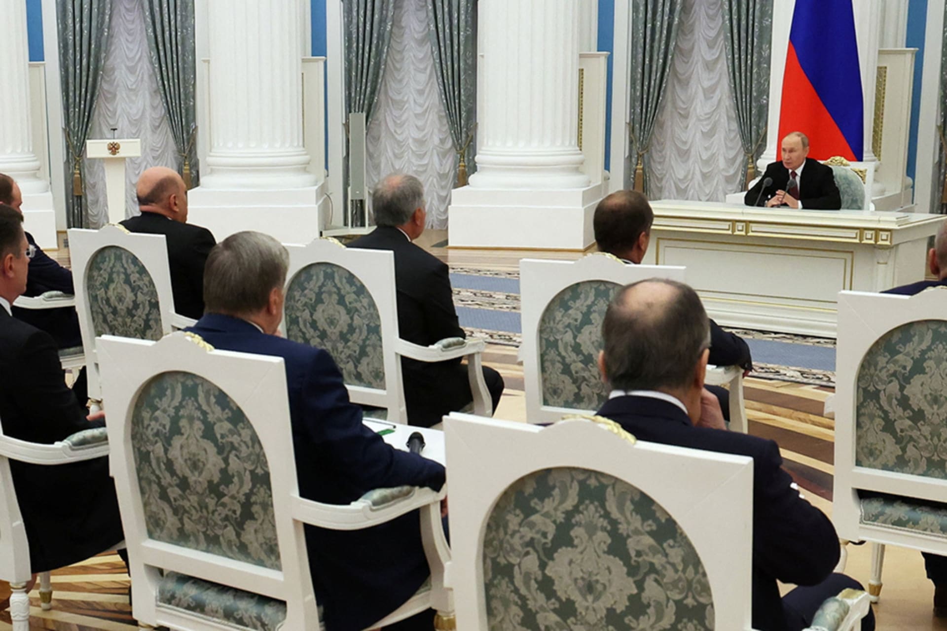 <p>Russian President Vladimir Putin addresses senior officials after a meeting with U.S. President Donald Trump.</p>
