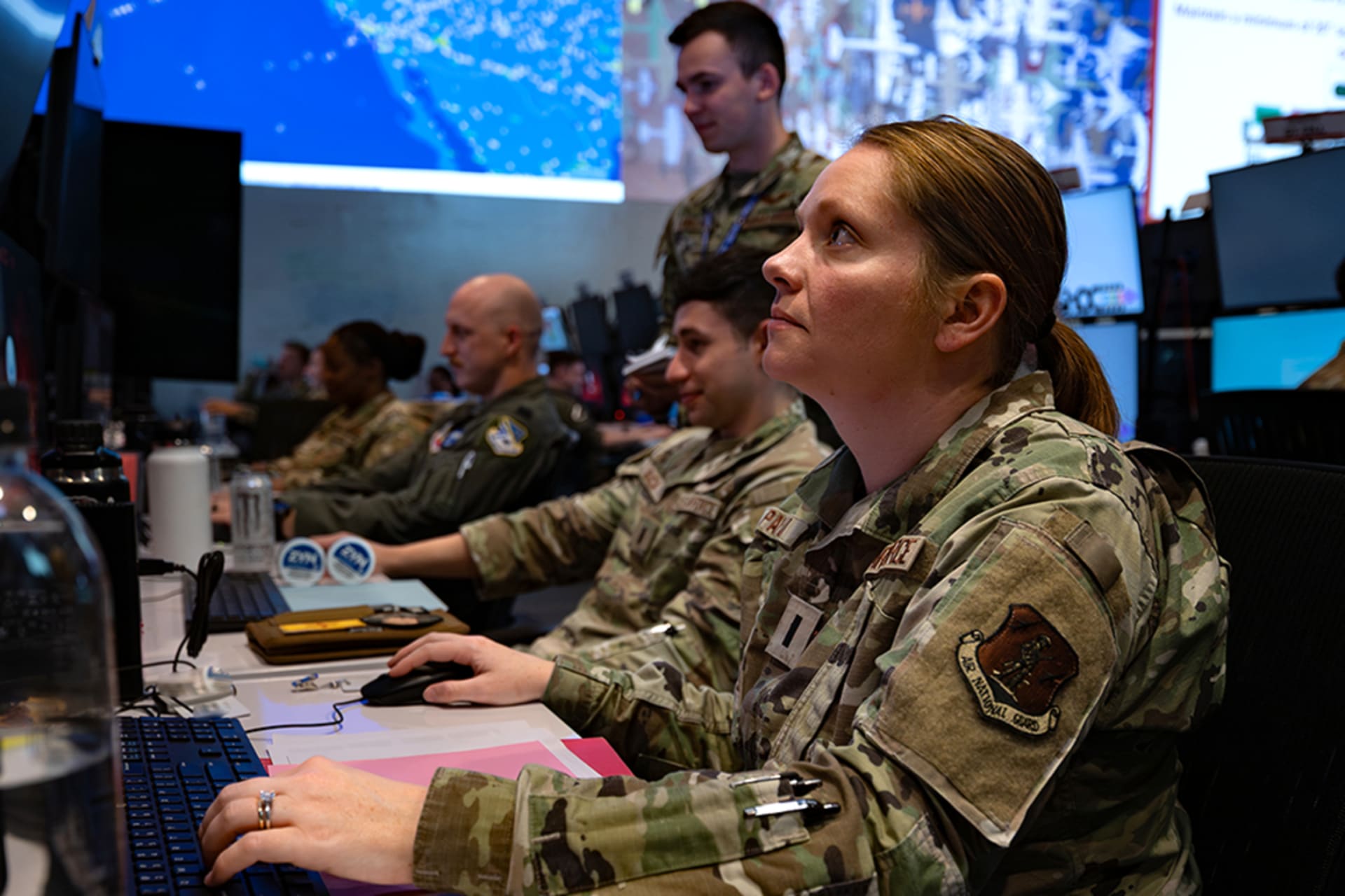 <p>First Lt. Maurielle Pankau, a 183rd Air Component Operations Squadron intelligence analyst planner, participates in the Shadow Operations Center-Nellis Experiment 3 at Nellis Air Force Base, Nevada on June 13.</p>
