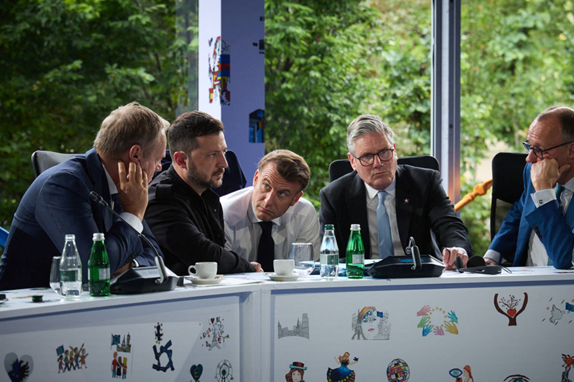 <p>Ukrainian President Volodymyr Zelenskyy, British Prime Minister Keir Starmer, French President Emmanuel Macron, German Chancellor Friedrich Merz and Polish Prime Minister Donald Tusk speak with President Donald Trump via phone in Albania, May 16, 2025.</p>
