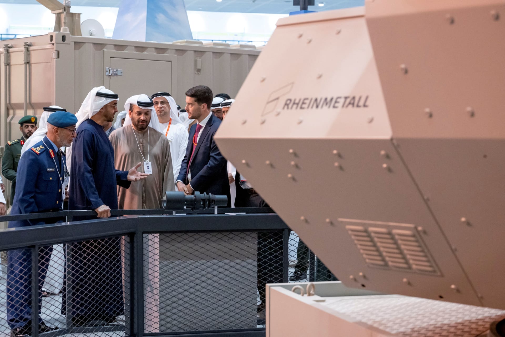 <p>Sheikh Mohamed bin Zayed Al Nahyan, President of the United Arab Emirates, seen with Major General Essa Saif Al Mazrouei Chief of Staff of the UAE Armed Forces and Faisal Al Bannai, Chief Executive and Managing Director of EDGE, tours the 2023 Internation</p>
