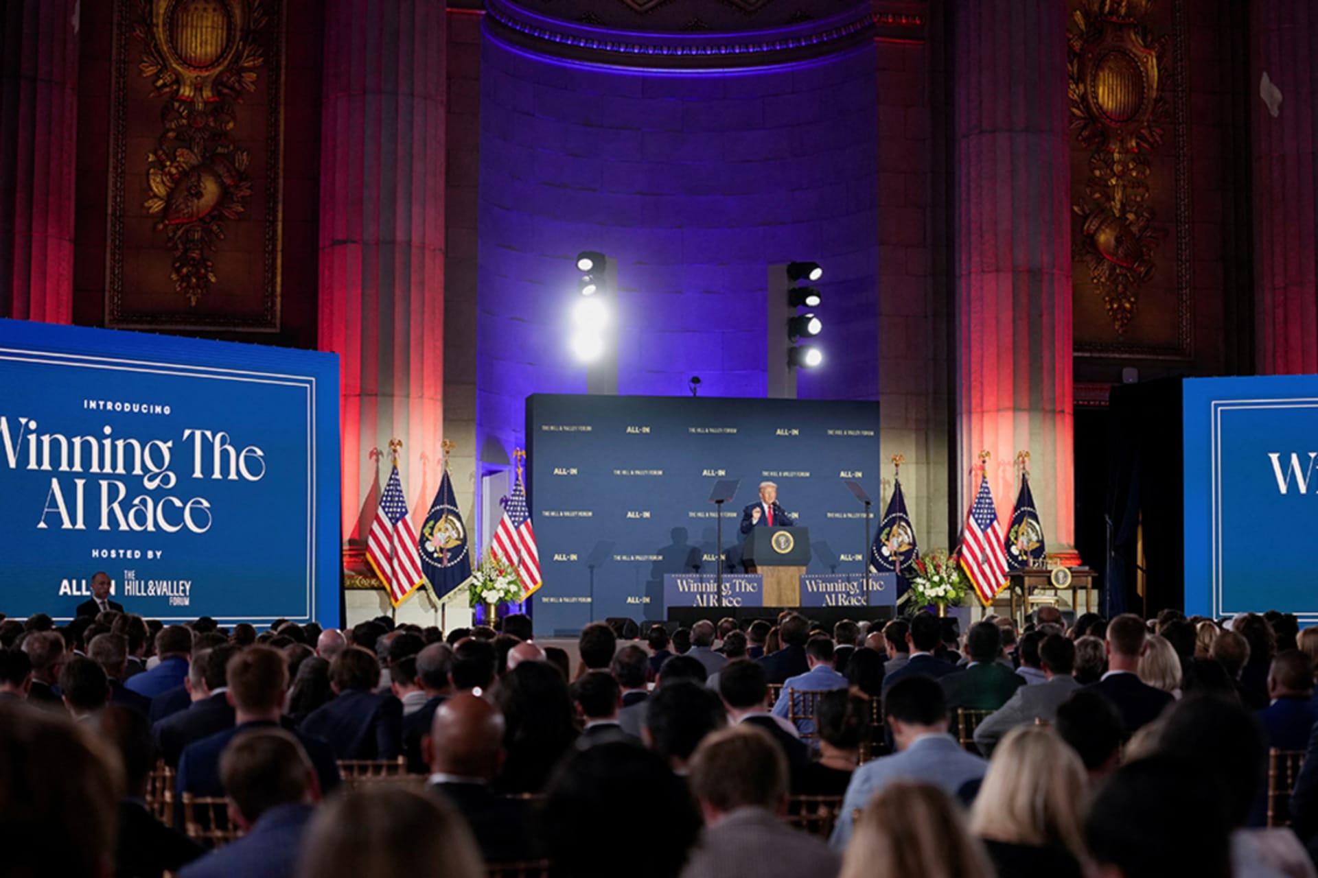 <p>President Donald Trump delivers remarks on artificial intelligence at the “Winning the AI Race” Summit in Washington D.C., on July 23.</p>
