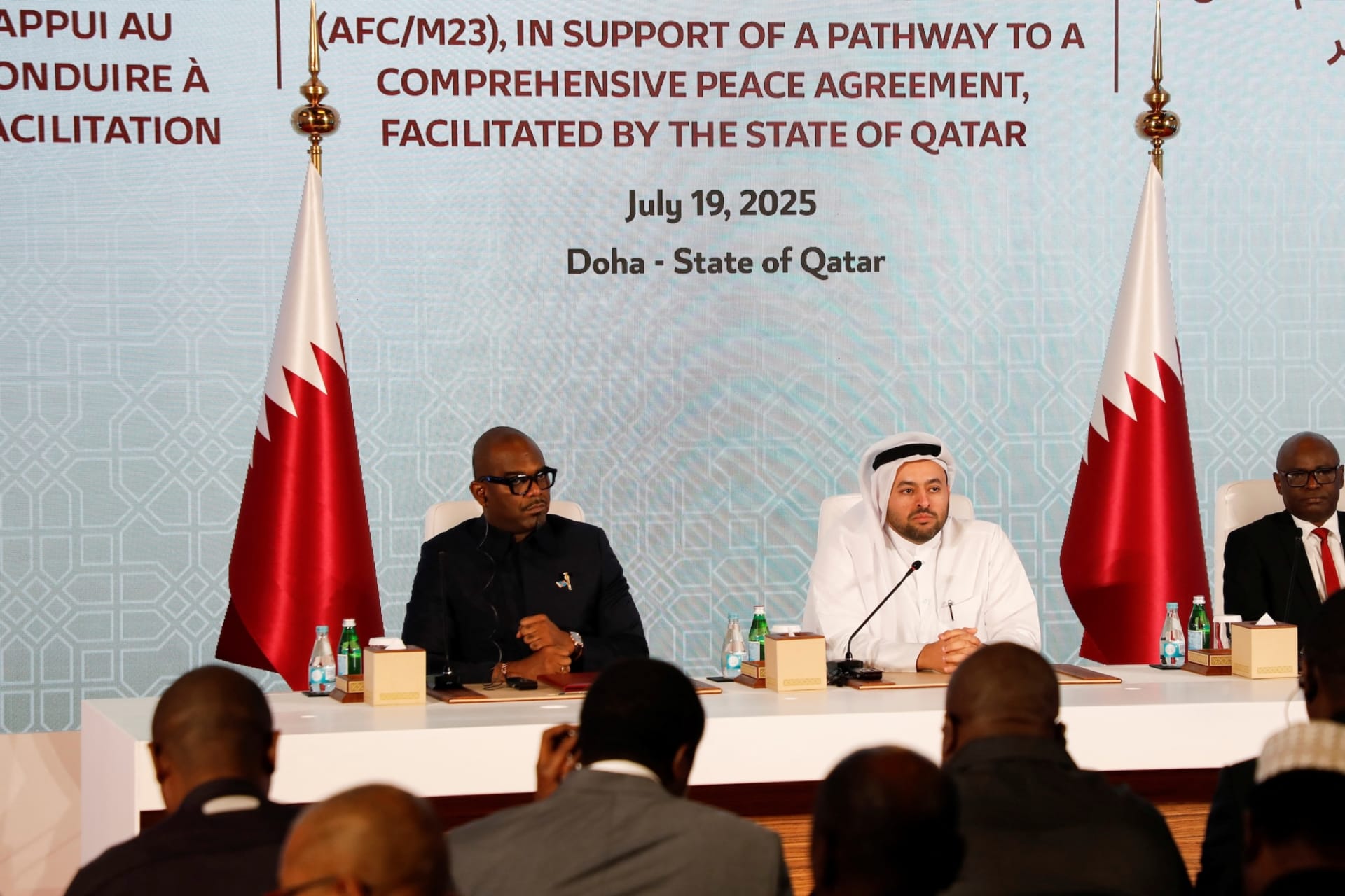 <p>High Representative Sumbu Sita Mambu of the DRC, Minister of State for Foreign Affairs Mohammed bin Abdulaziz Al-Khulaifi of Qatar, and Benjamin Mbonimpa, who heads the M23 delegation, attend a signing ceremony in Doha, Qatar on July 19, 2025.</p>
