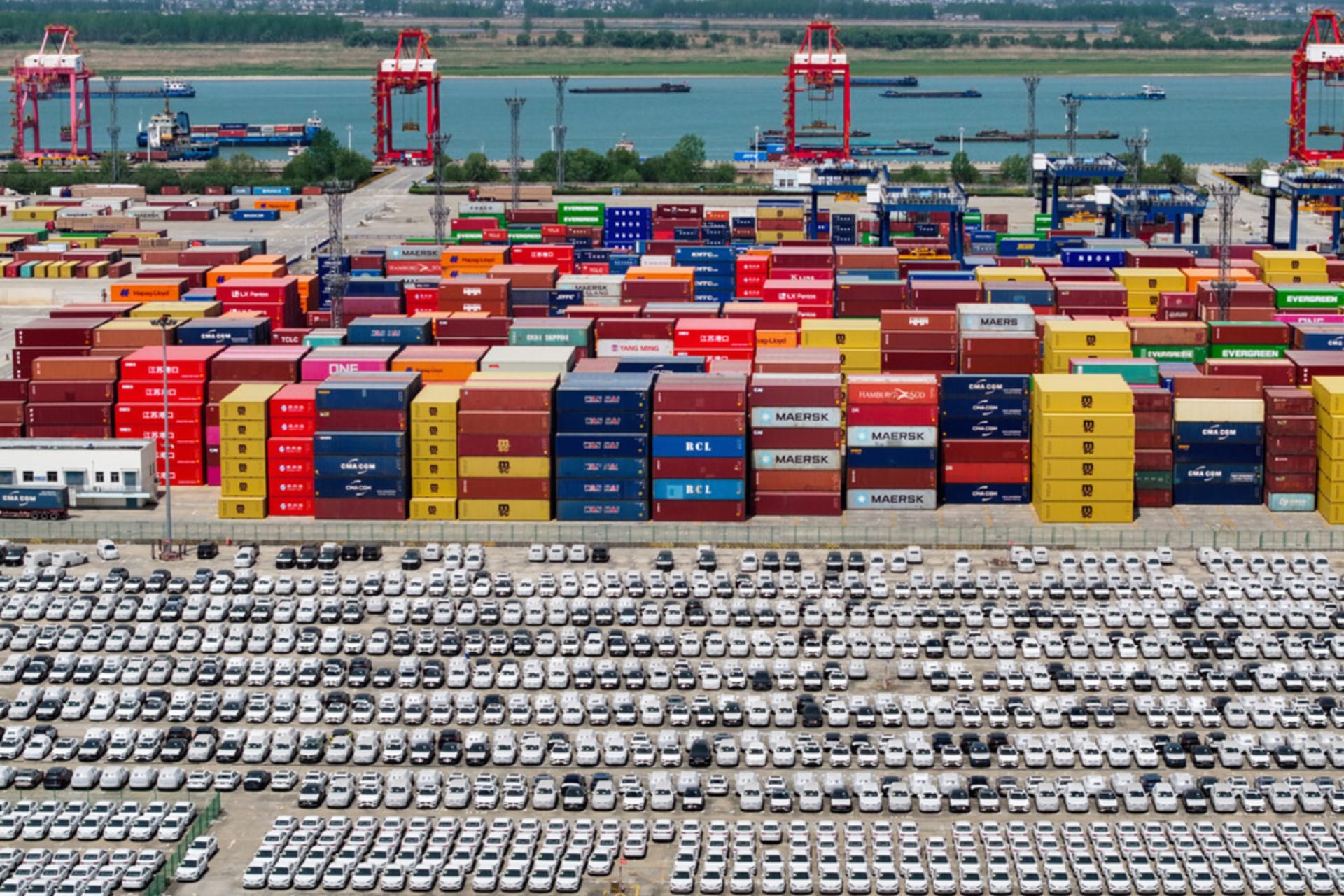 <p>Chinese cars are parked at China’s Port of Nanjing as they wait to be exported, April 16, 2025.</p>
