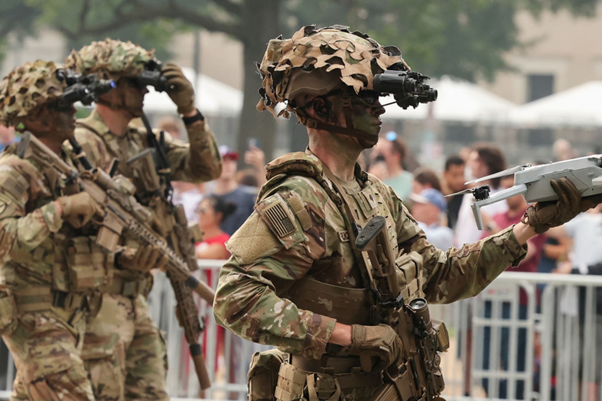 <p>A soldier holds a drone while marching during a military parade to commemorate the U.S. Army’s 250th Birthday in Washington, D.C. on June 14. </p>
