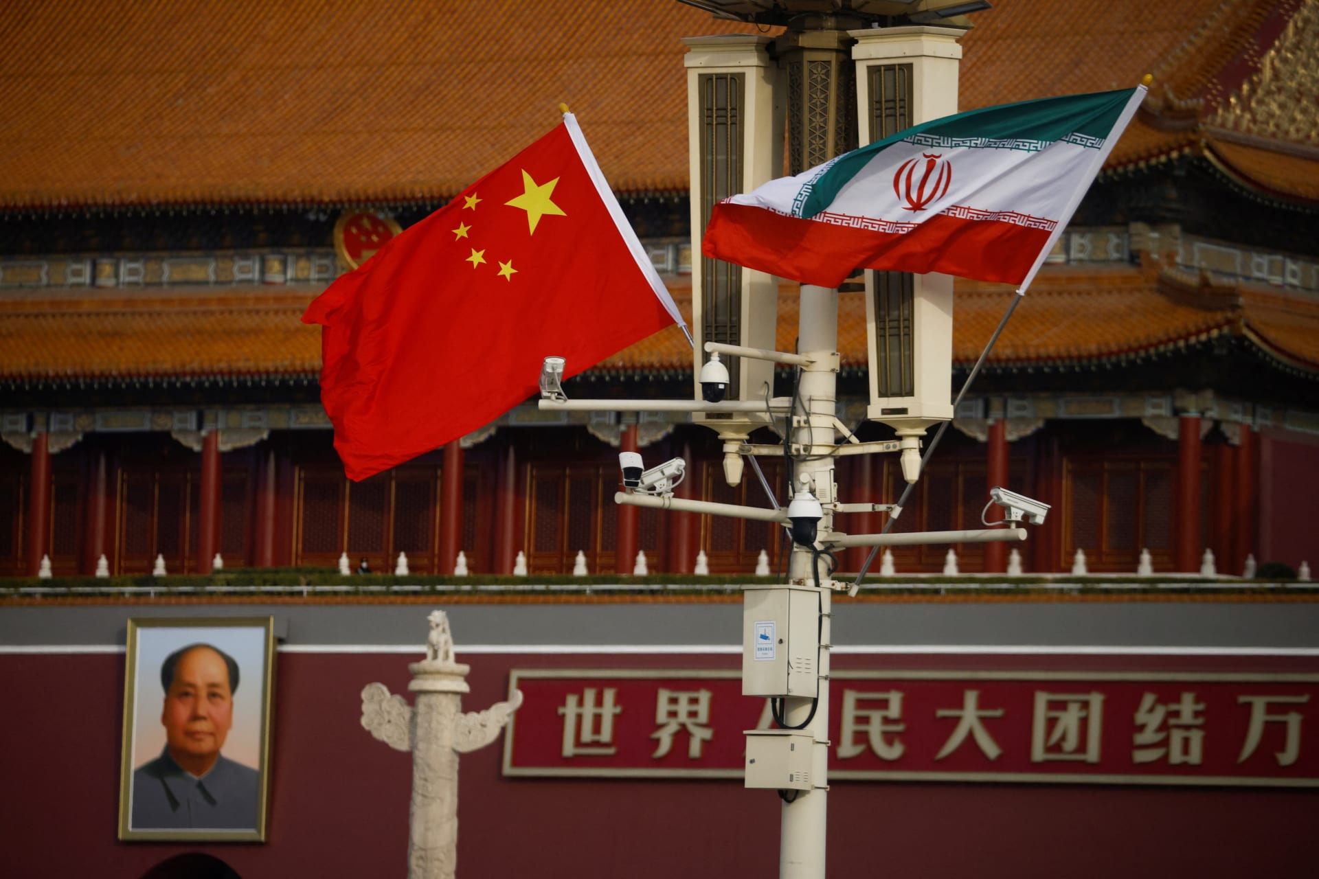 <p>The national flags of China and Iran fly in Tiananmen Square during Iranian President Ebrahim Raisi’s visit to Beijing, China, February 14, 2023.</p>
