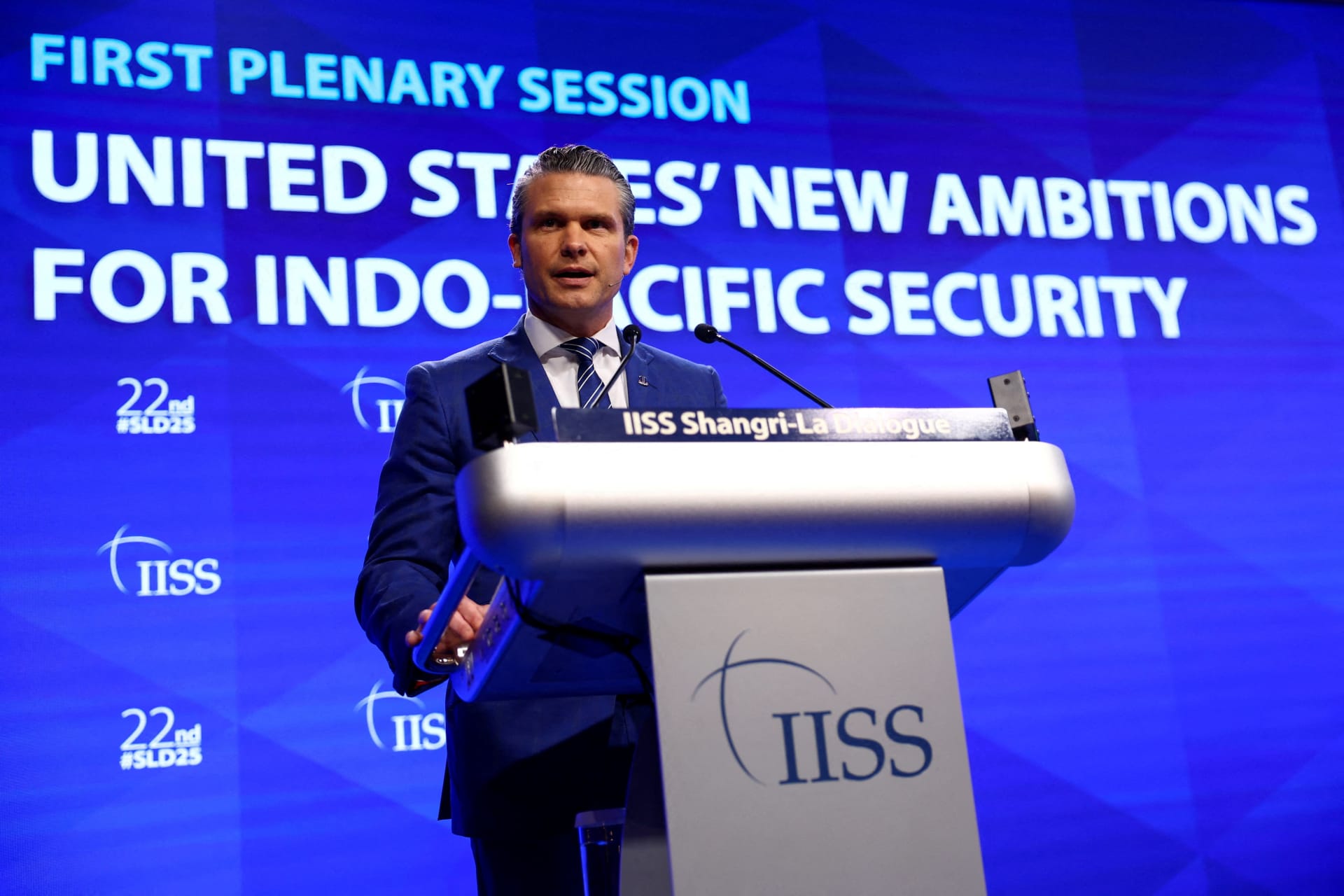<p>U.S. Defense Secretary Pete Hegseth speaks at the International Institute for Strategic Studies Shangri-La Dialogue in Singapore on May 31, 2025.</p>

