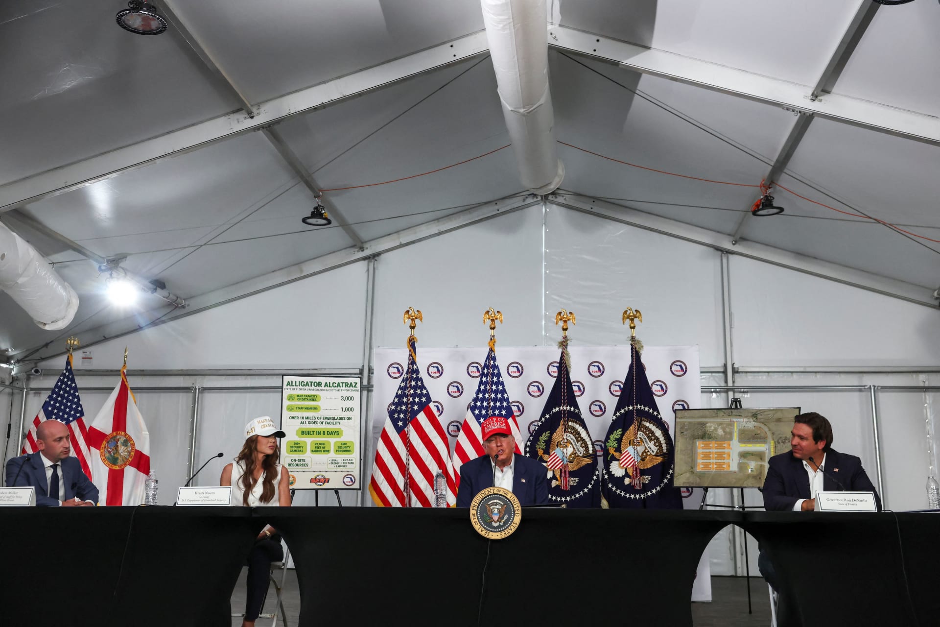 <p>U.S. President Donald Trump on his most recent visit to Florida with Florida Governor Ron DeSantis and U.S. Homeland Security Secretary Kristi Noem.</p>

