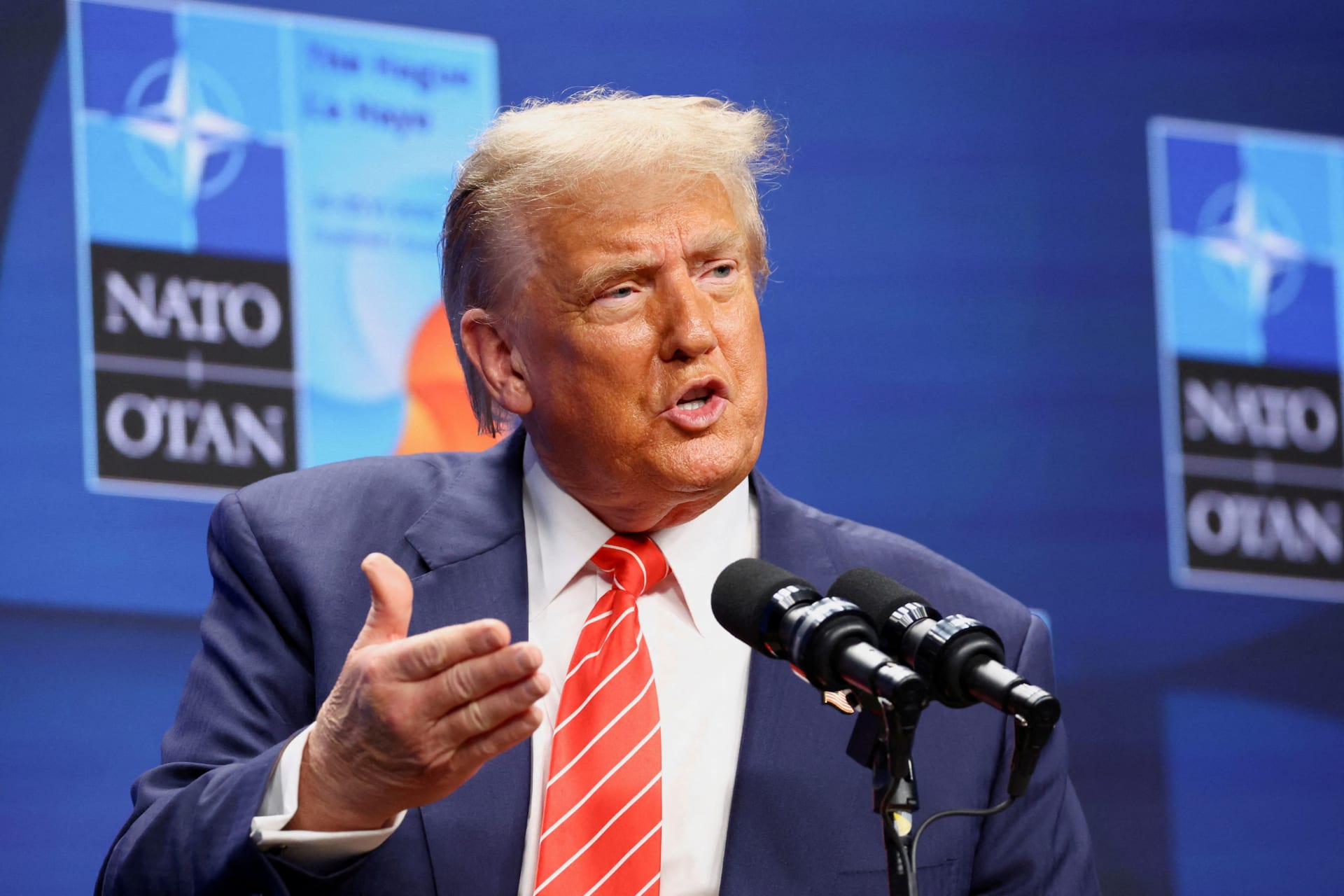 <p>U.S. President Donald Trump speaks at a press conference during the NATO summit in The Hague, Netherlands.</p>
