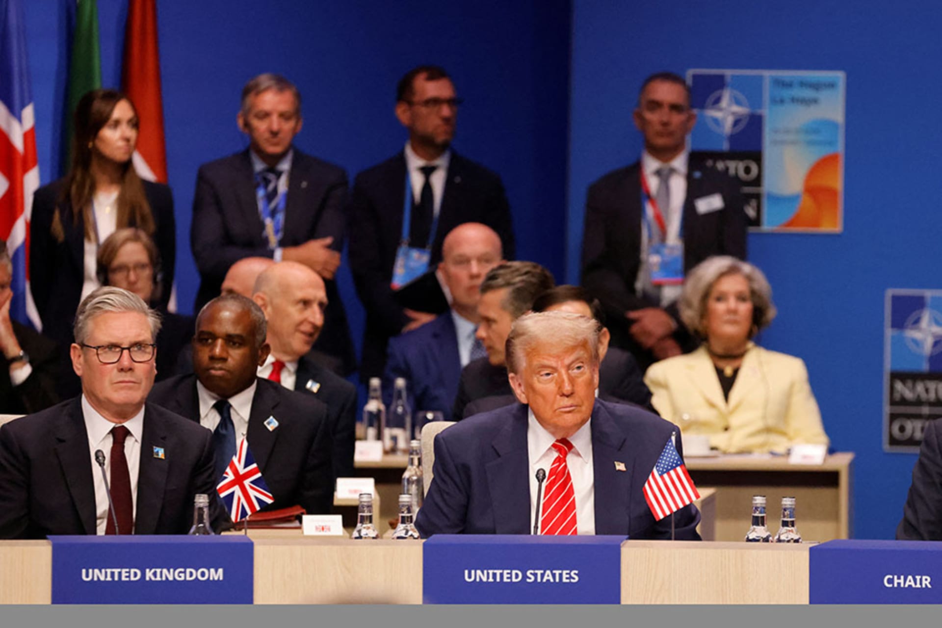 <p>Britain’s Prime Minister Keir Starmer, U.S. President Donald Trump, and NATO Secretary-General Mark Rutte at the NATO summit in The Hague on June 25, 2025. </p>