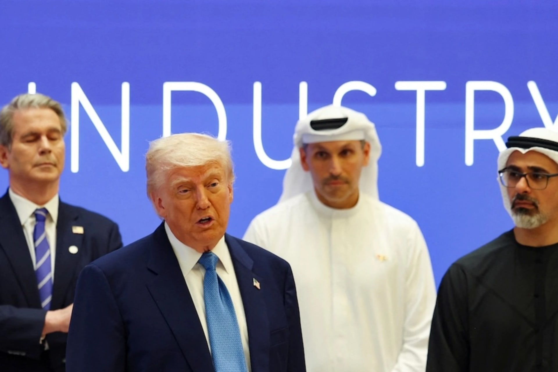 <p>U.S. President Donald Trump and Crown Prince of Abu Dhabi Sheikh Khaled bin Mohamed bin Zayed Al Nahyan attend a business forum at Qasr Al Watan during the final stop of his Gulf visit, in Abu Dhabi, United Arab Emirates, May 16, 2025. </p>
