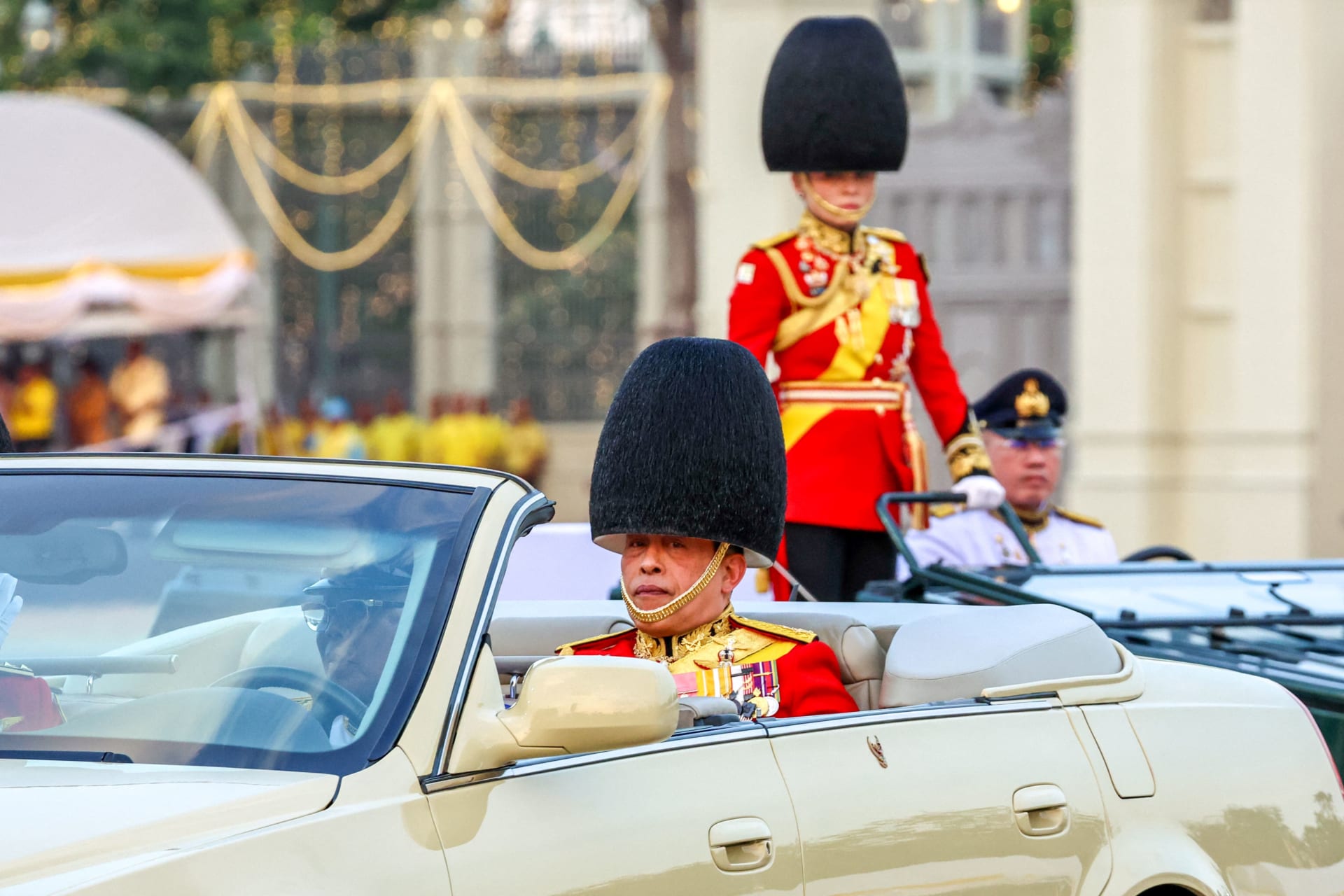 <p>Thailand’s King Maha Vajiralongkorn and Queen Suthida review the guard of honour during a trooping of the colours ceremony to mark the 72nd birthday of Thailand’s King Maha Vajiralongkorn in Bangkok, Thailand, on December 3, 2024.</p>
