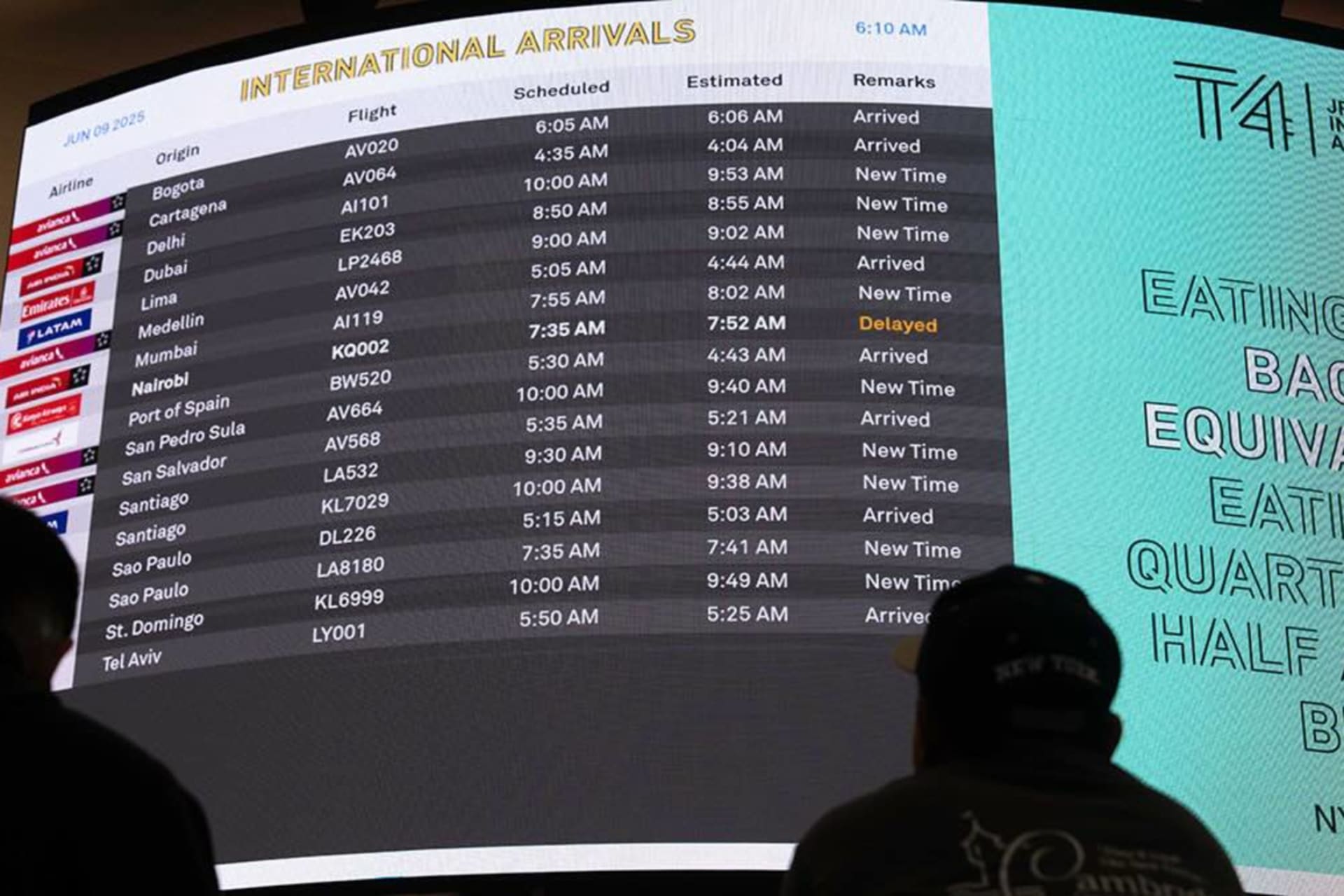 <p>An information board showing international arrivals at John F. Kennedy International Airport on June 9, 2025 in New York City. </p>
