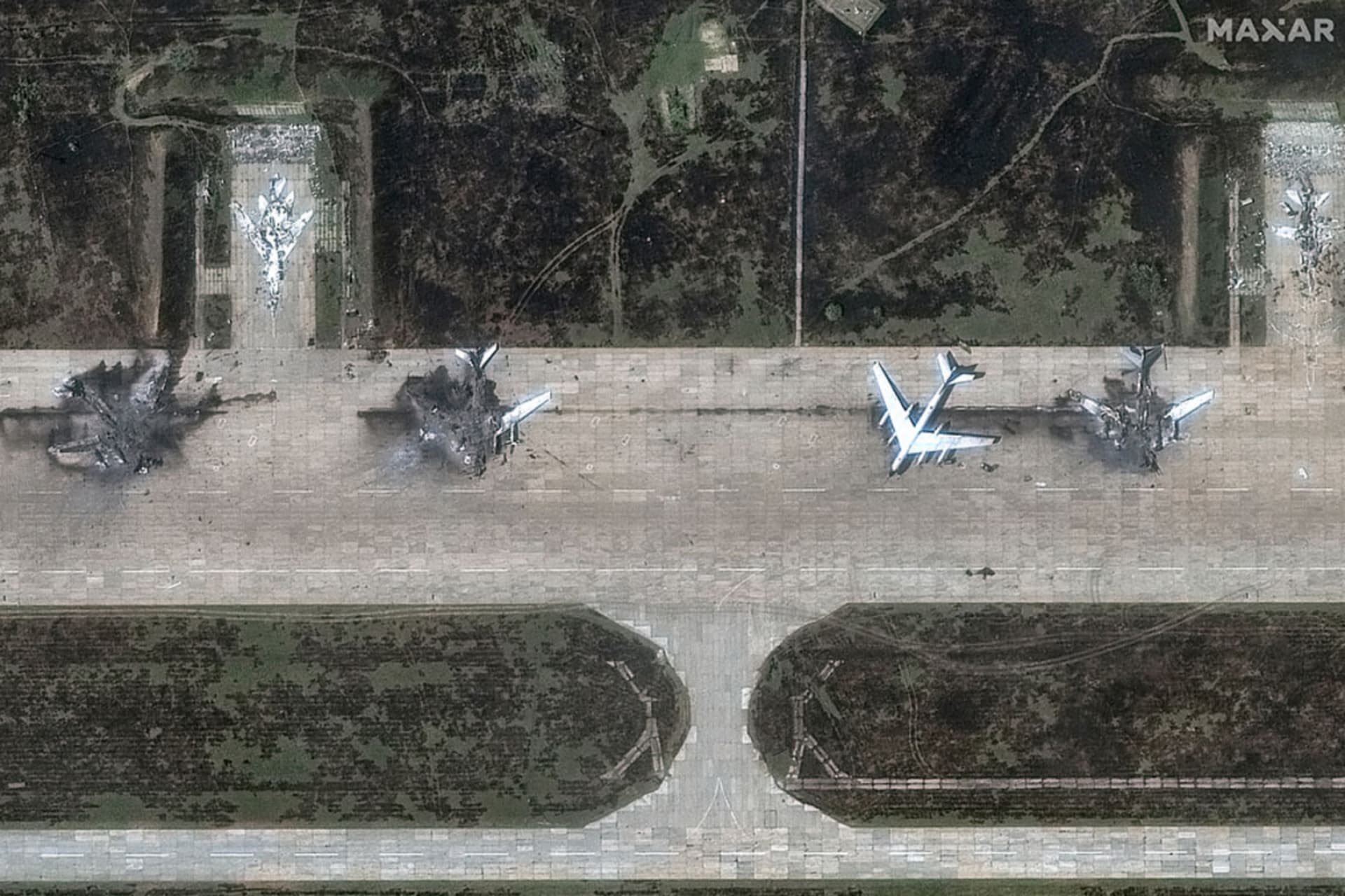 <p>A satellite image shows destroyed TU 95 aircrafts in the aftermath of a drone strike at the Belaya air base, Irkutsk region, Russia, June 4, 2025.</p>
