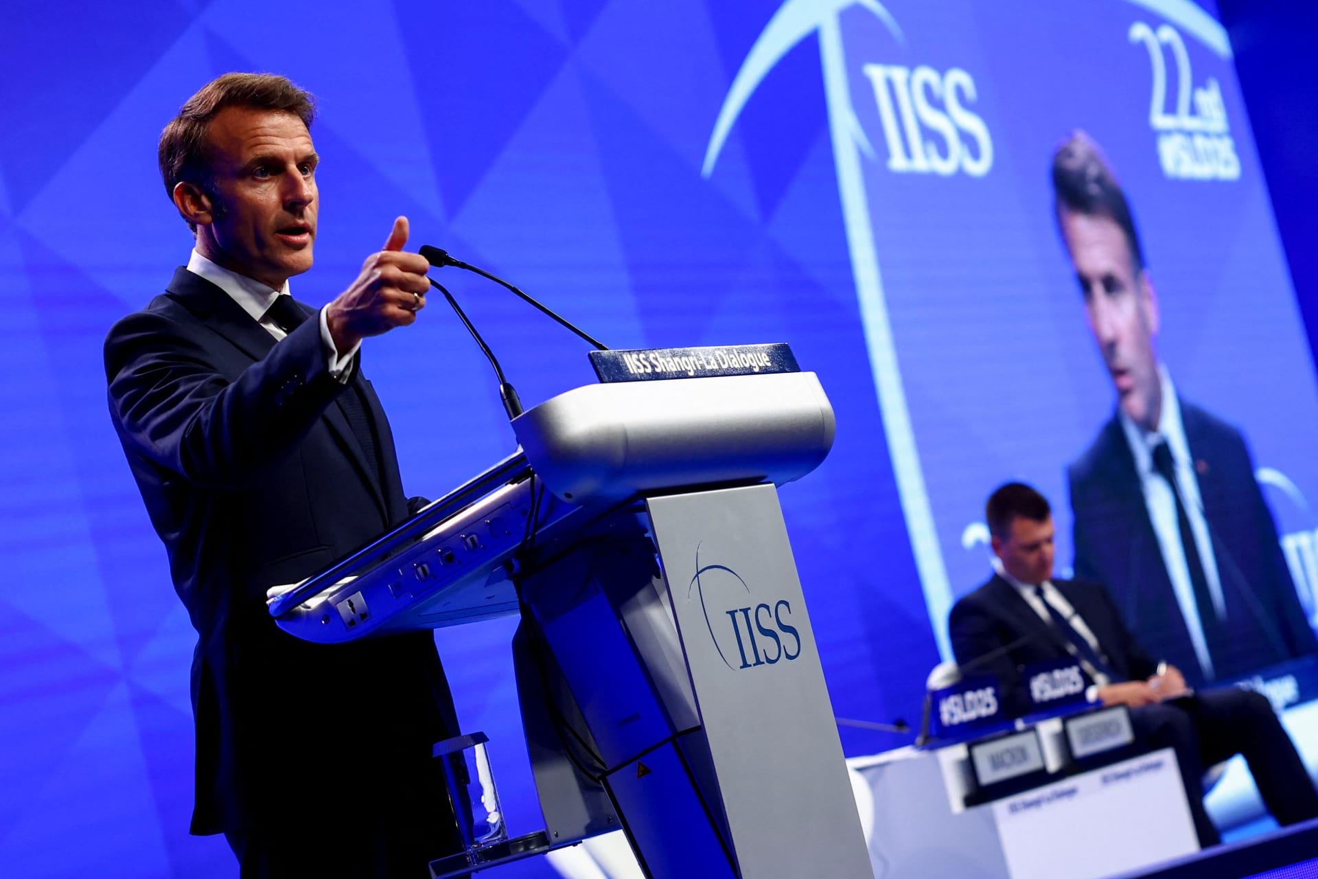 <p>French President Emmanuel Macron delivers the keynote address at the IISS Shangri-La Dialogue security summit in Singapore, May 30, 2025.  </p>
