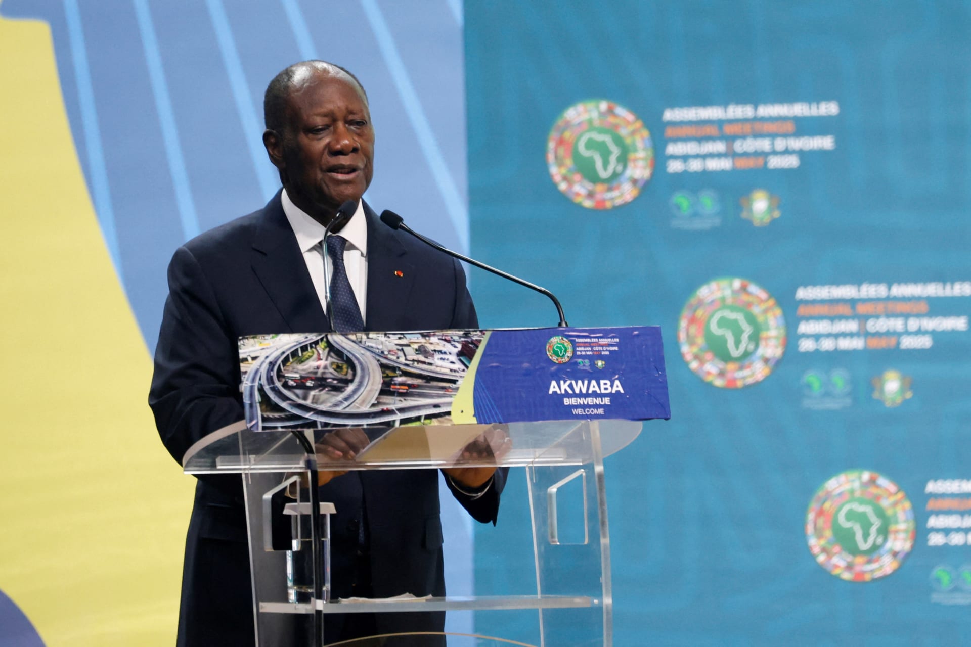 <p>Côte d’Ivoire President Alassane Ouattara speaks during the African Development Bank annual meeting in Abidjan on May 27, 2025. </p>
