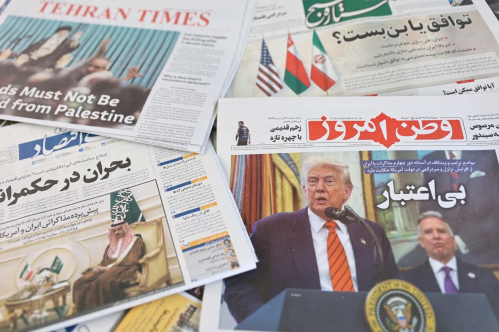 <p>An Iranian newspaper with a cover photo of President Donald Trump and U.S. Middle East envoy Steve Witkoff is seen in Tehran on May 11, 2025</p>
