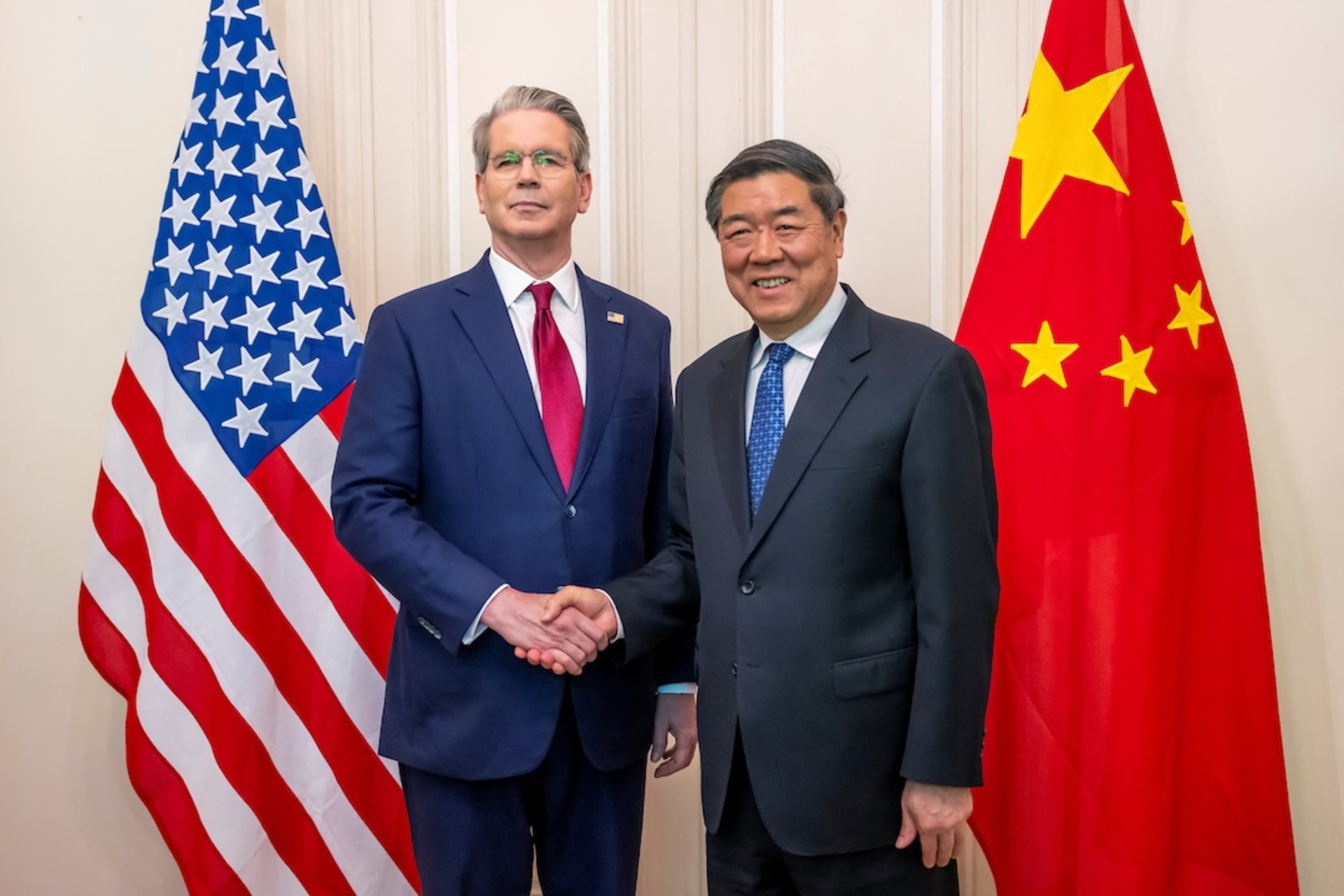 <p>U.S. Treasury Secretary Scott Bessent, left, shakes hands with Chinese Vice Premier He Lifeng, right, during a bilateral meeting between the United States and China in Geneva, Switzerland,  Saturday, May 10, 2025.</p>
