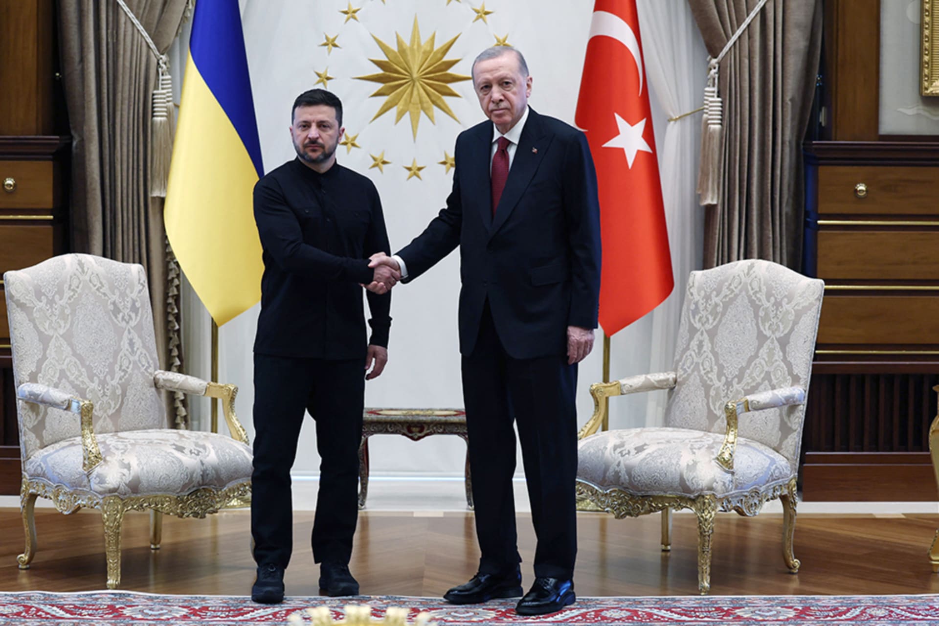 <p>Turkey’s President Tayyip Erdogan meets with Ukrainian President Volodymyr Zelenskyy at the Presidential Palace in Ankara, Turkey, May 15, 2025.</p>
