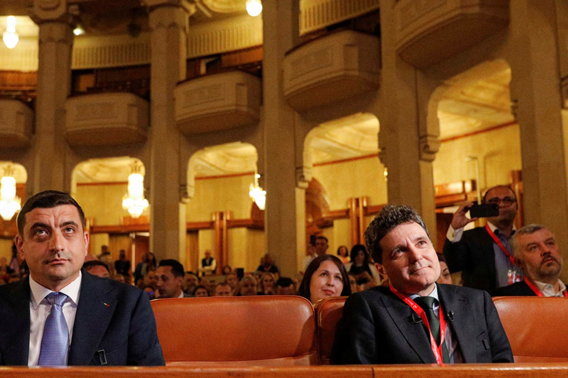 <p>George Simion (left) and Nicușor Dan (right) attend a meeting of the National Union Bloc in Bucharest, Romania.</p>
