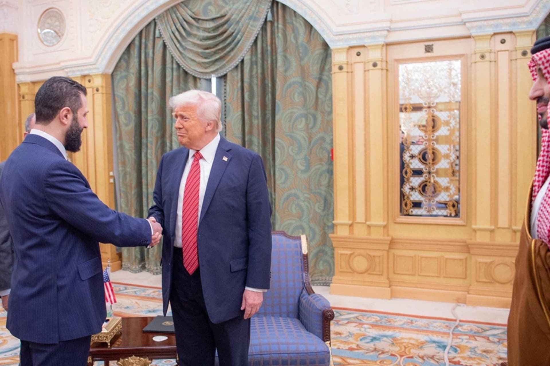 <p>U.S. President Donald Trump meets with Syrian President Ahmed al-Sharaa in Riyadh, Saudi Arabia.</p>
