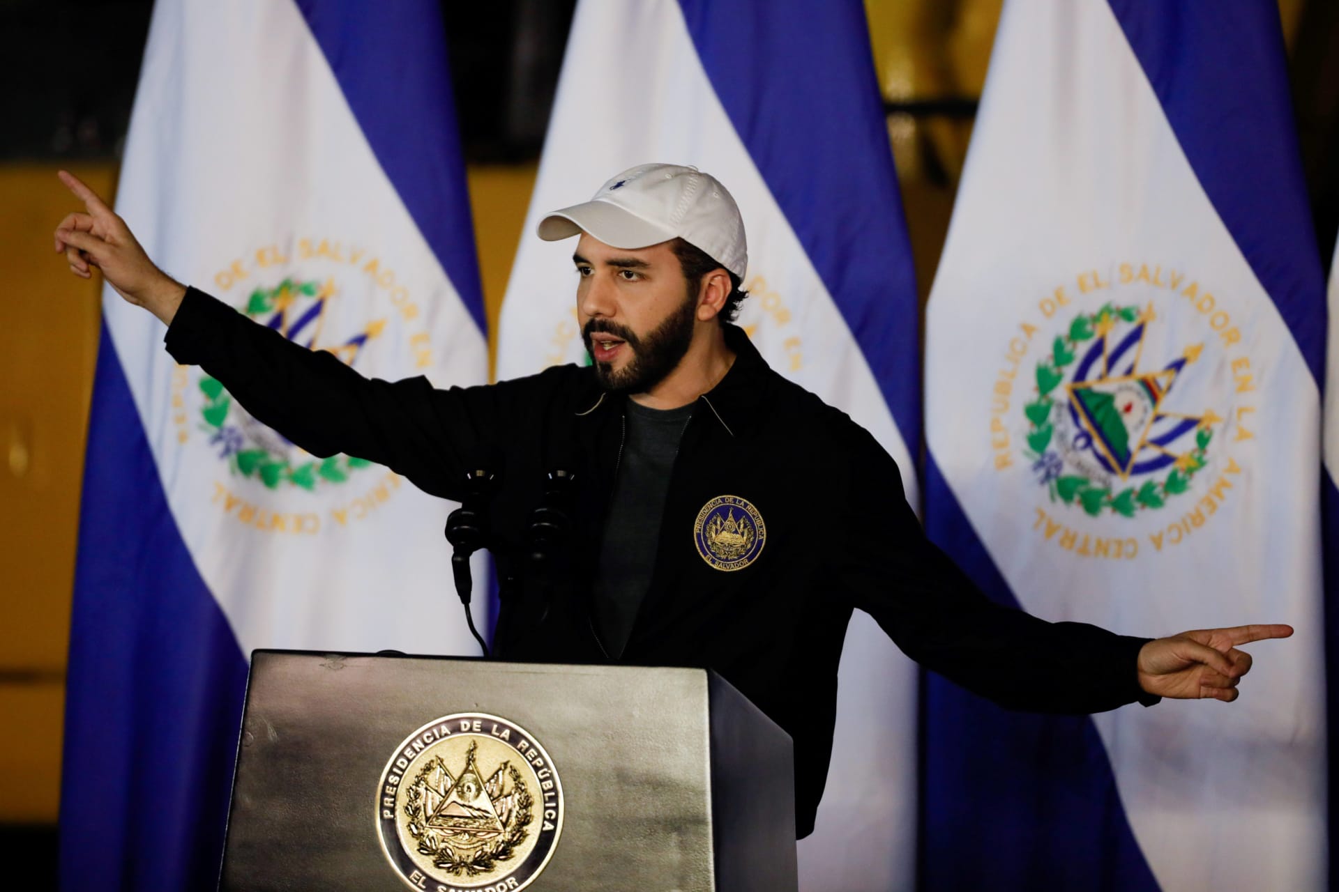 <p>El Salvador’s President Nayib Bukele speaks during a ceremony to lay the first stone of Chivo Vet, a veterinary hospital financed with the gains El Salvador has obtained from its bitcoin operations, in Antiguo Cuscatlan, El Salvador November 1, 2021.</p>
