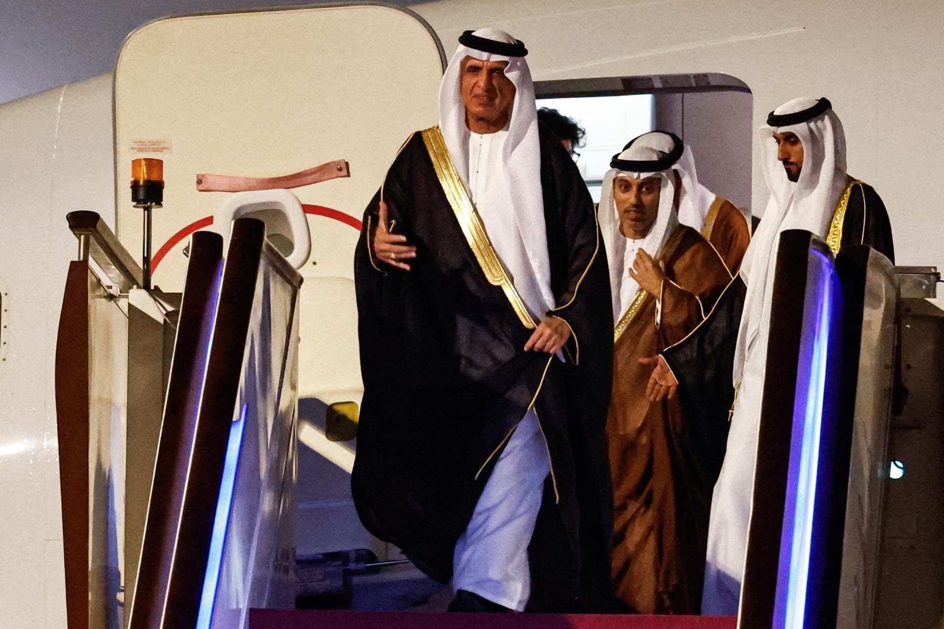 <p>Sheikh Saud bin Saqr Al Qasimi, UAE Supreme Council Member and Ruler of Ras Al Khaimah, arrives at Beijing Capital International Airport to attend the Third Belt and Road Forum in Beijing, China, October 16, 2023.</p>
