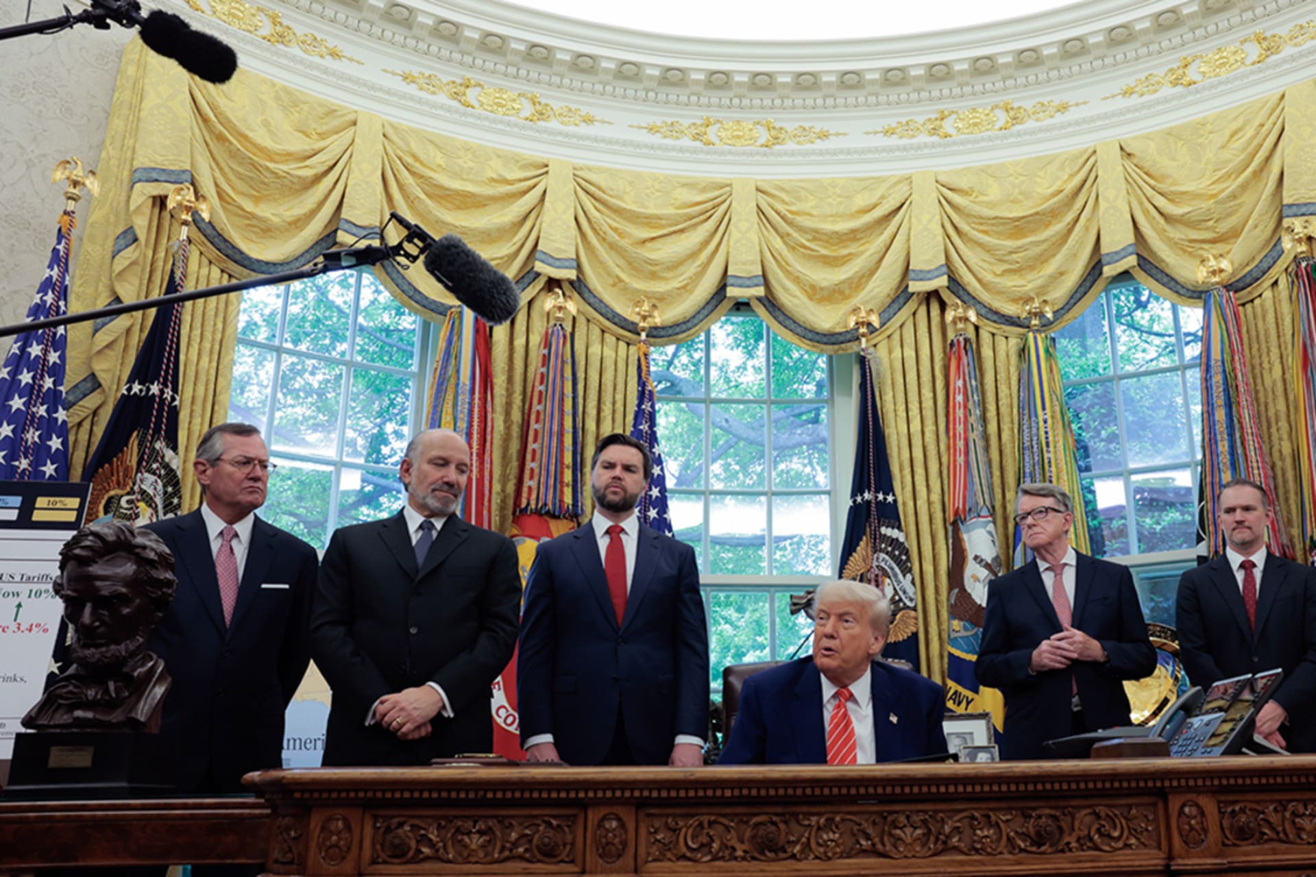 <p>President Donald Trump, cabinet officials, and UK Ambassador to the U.S. Peter Mandelson address reporters in the Oval Office at the White House on May 8.</p>
