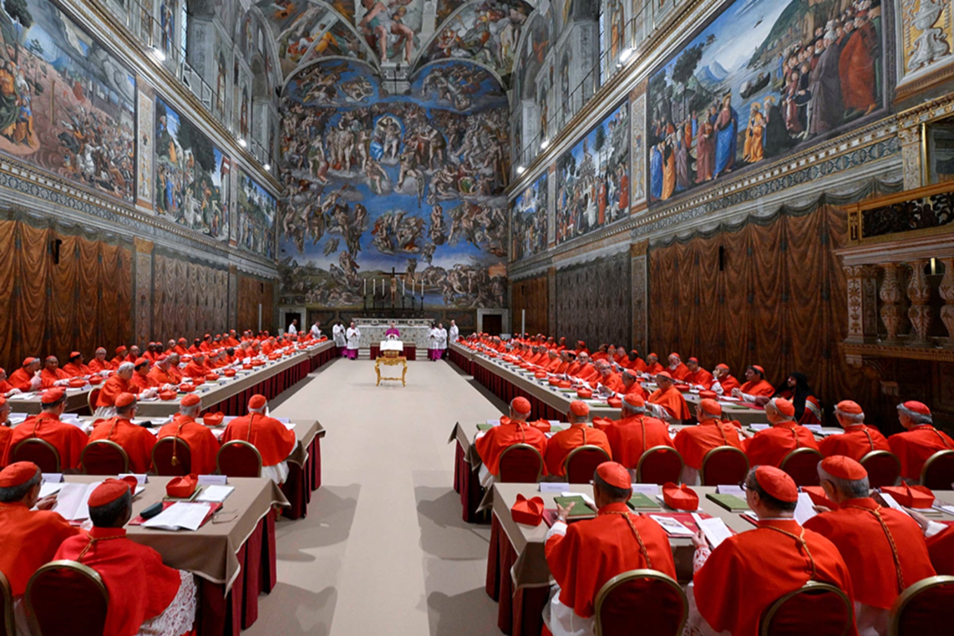 <p>Cardinals pray in the Sistine Chapel, ahead of the conclave to elect the next pope at the Vatican, May 7, 2025.</p>
