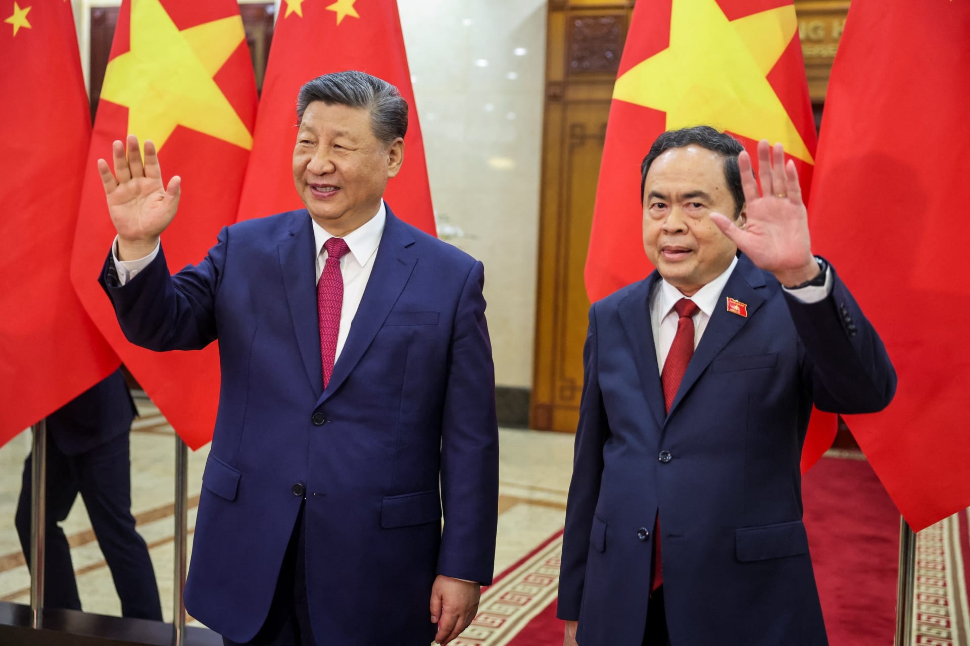 <p>Chinese President Xi Jinping meets Vietnam’s National Assembly Chairman Tran Thanh Man during his two-day state visit, in Hanoi, Vietnam, April 14, 2025.</p>
